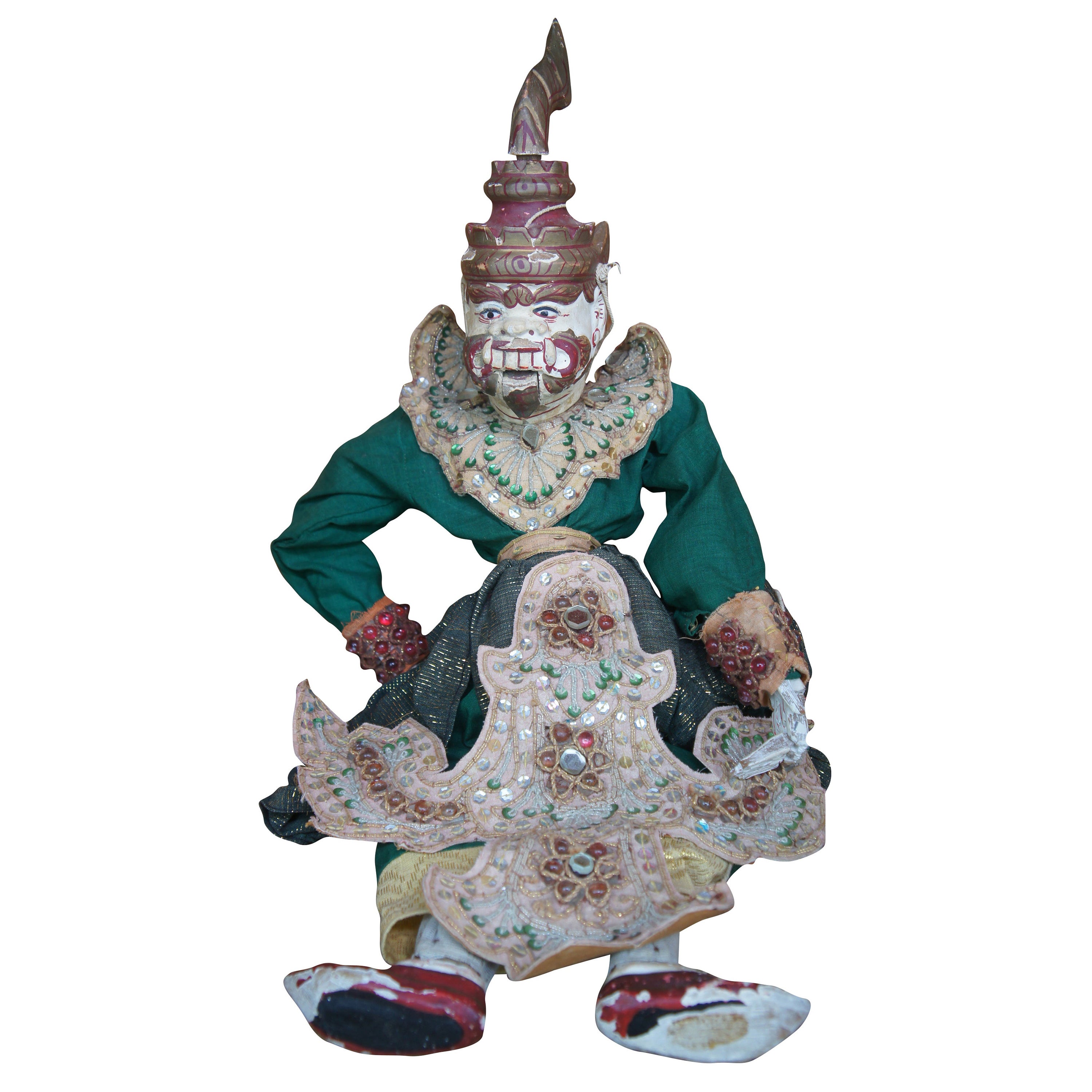 Antique Carved Thai Burmese Ramayana Warrior Folk Art Marionette Puppet Doll