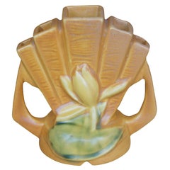 Vintage Mid Century Roseville Pottery Water Lily Flower Frog 5 Finger Fan Bud Vase