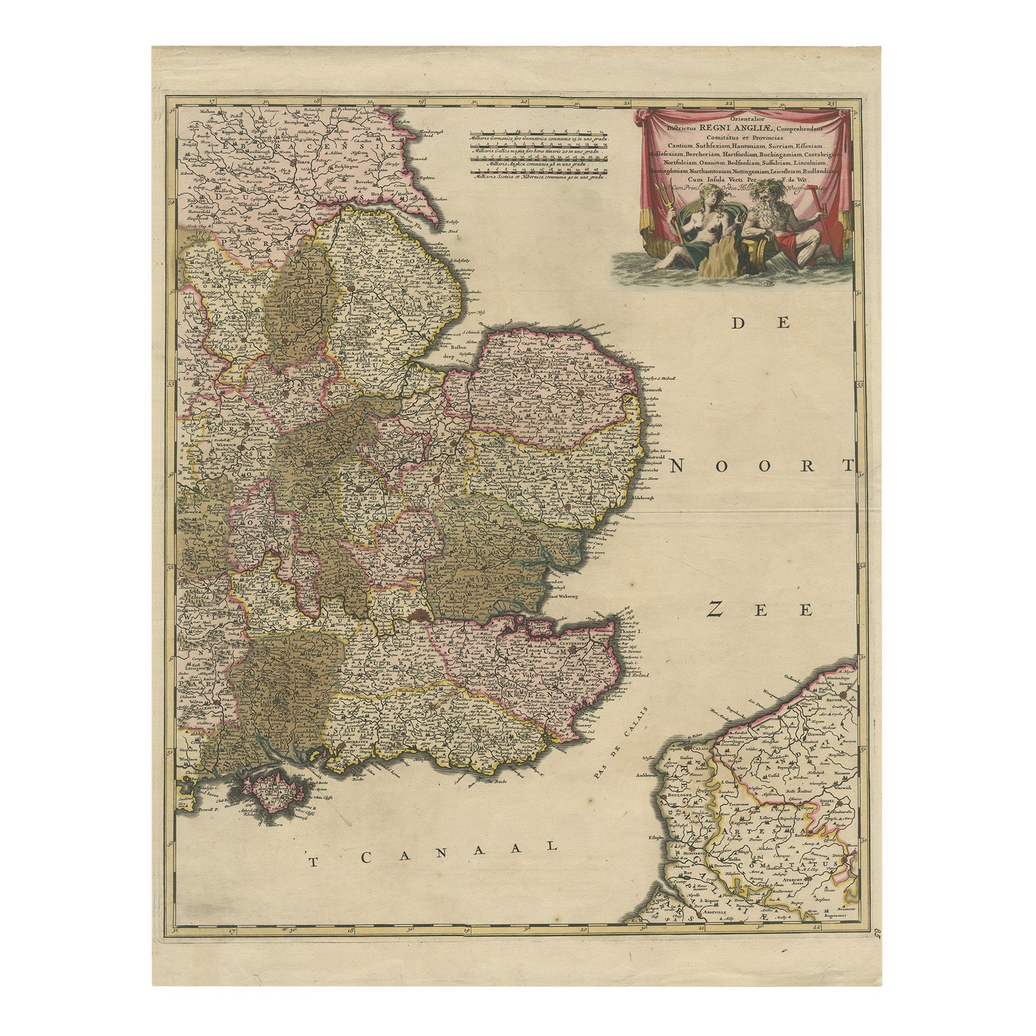 Detailed Antique Map of Southeast England, incl Warwickshire and Hampshire, 1690