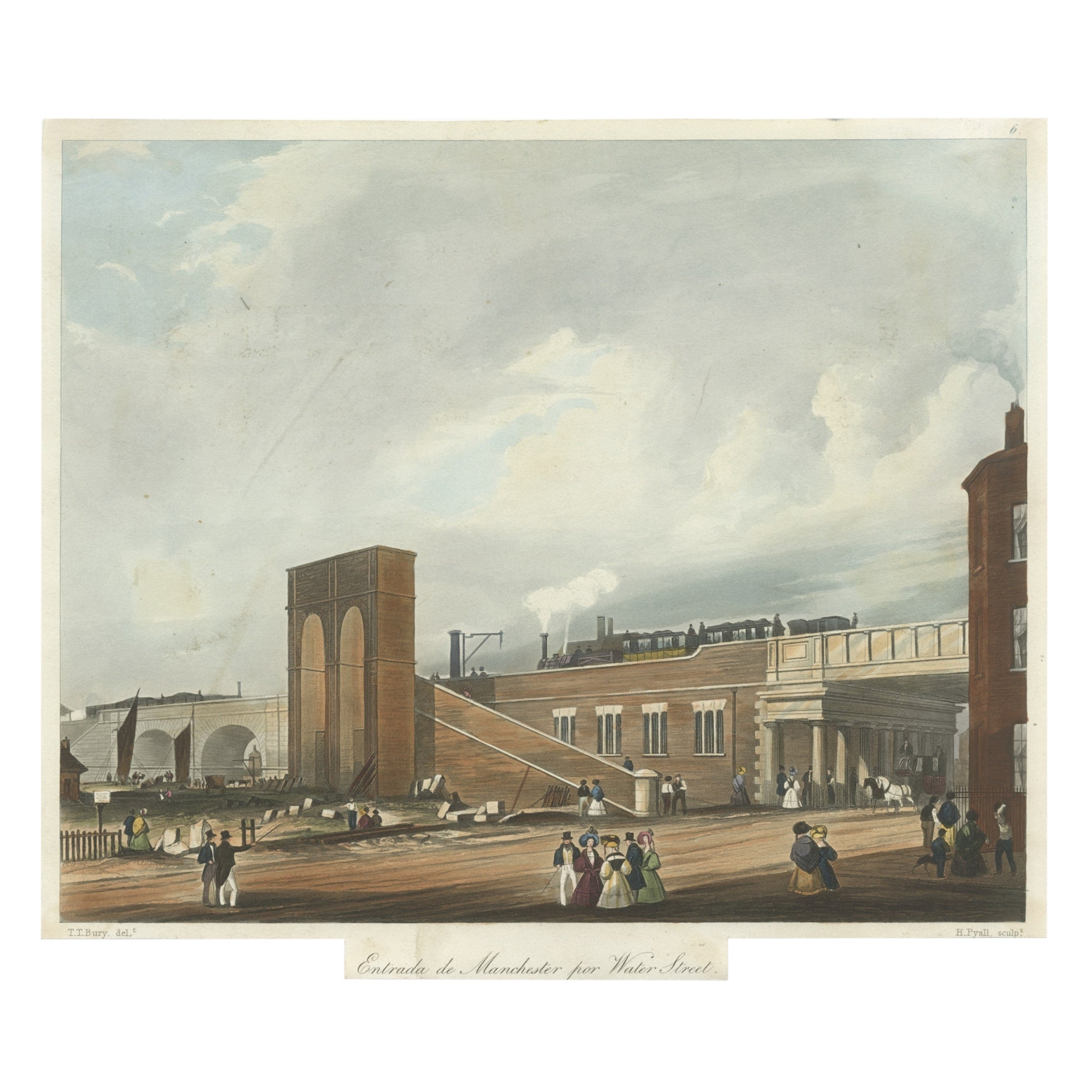 Old Print of Entrance into Manchester Train Station across Water Street, ca.1832 For Sale