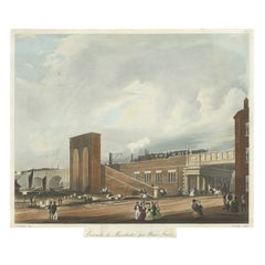 Old Print des Eingangs zur Manchester Train Station auf der anderen Seite der Water Street, um 1832