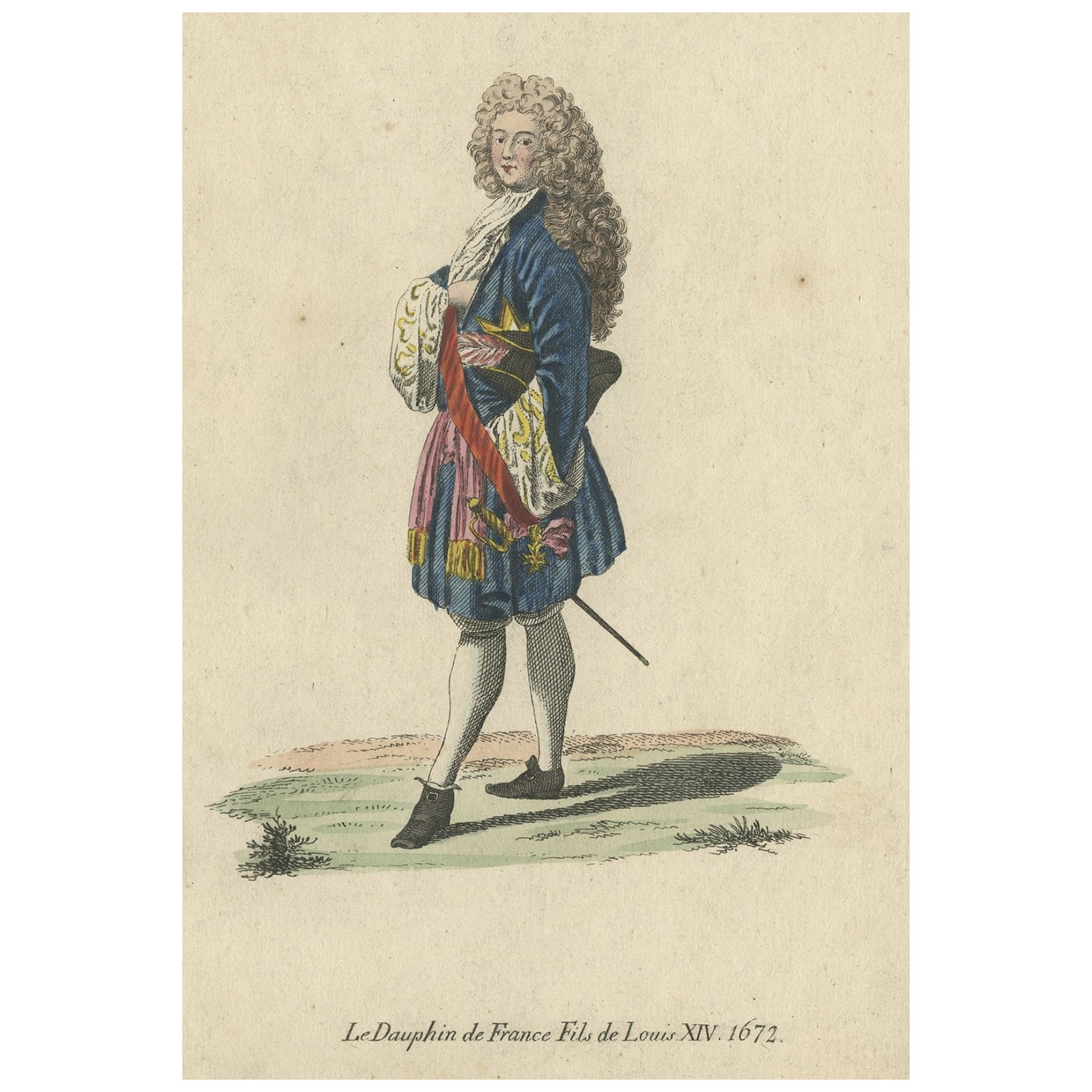 Original Old Hand-Colored Print of the Dauphin of France, Son of Louis XIV, 1805 For Sale