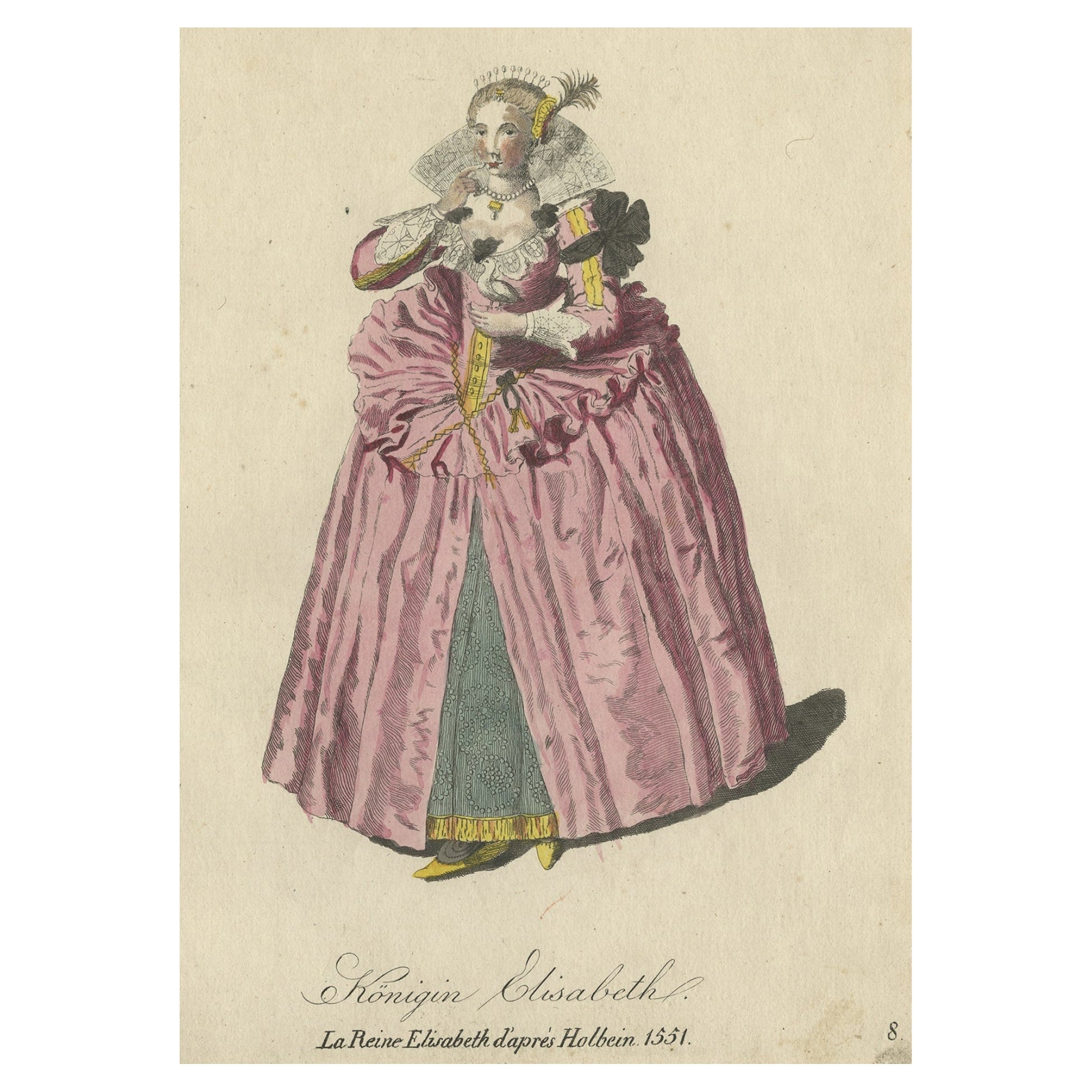 An Original Hand-Colored Antique Print of Queen Elizabeth in a 1651 Dress, 1805