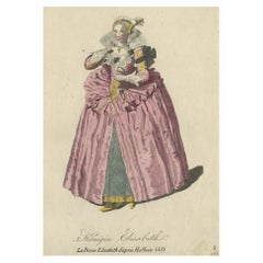 An Original Hand-Colored Antique Print of Queen Elizabeth in a 1651 Dress, 1805