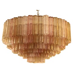 Pink, White and Amber Color Venini Style Tronchi Round Chandelier, Murano Glass