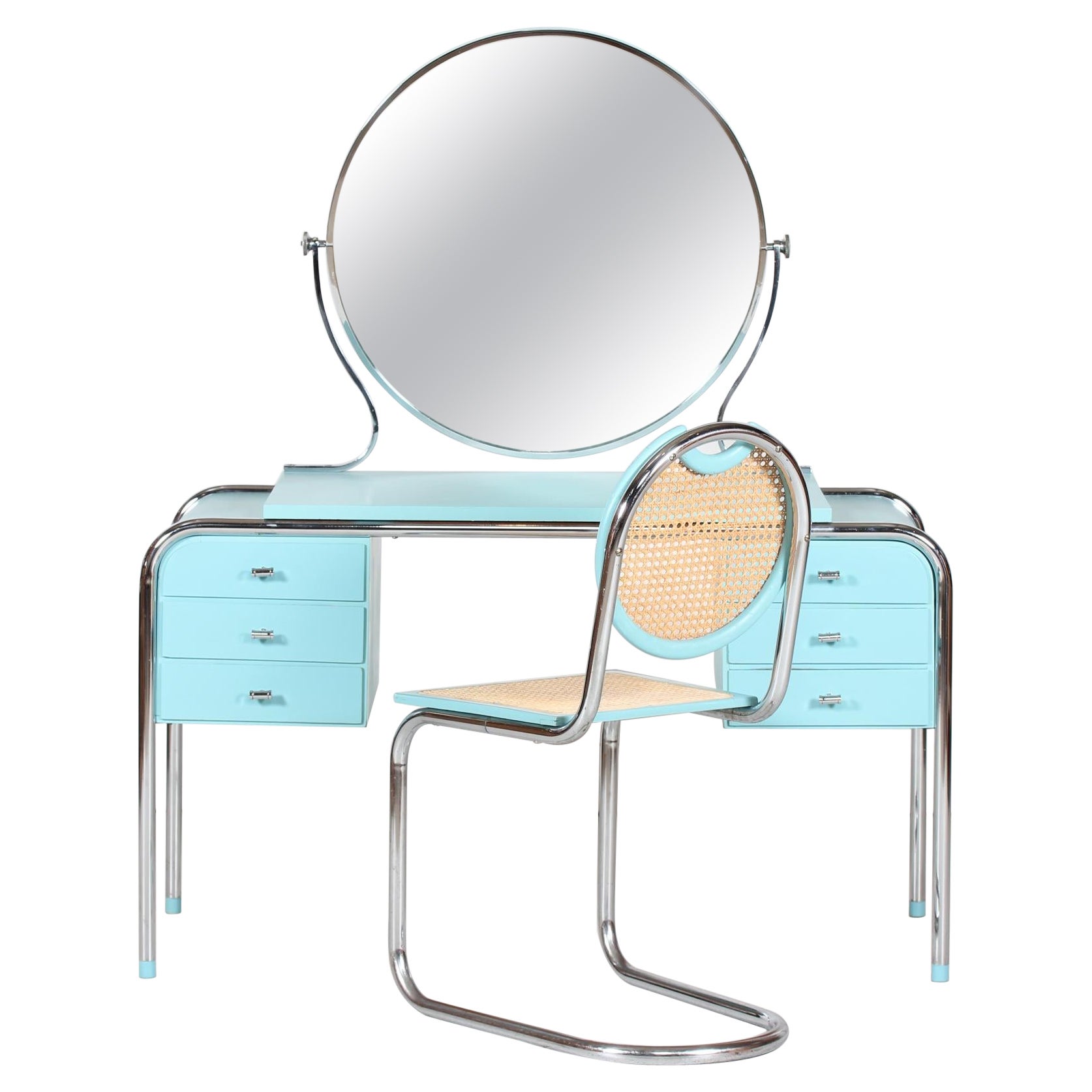 Table de coiffeuse Art déco avec miroir rond et chaise d'ébéniste danois, années 1930