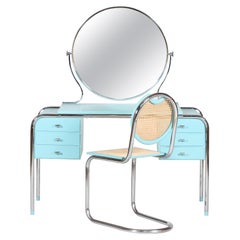 Art Deco Dressing Table with Round Mirror and Chair Danish Cabinetmaker, 1930's