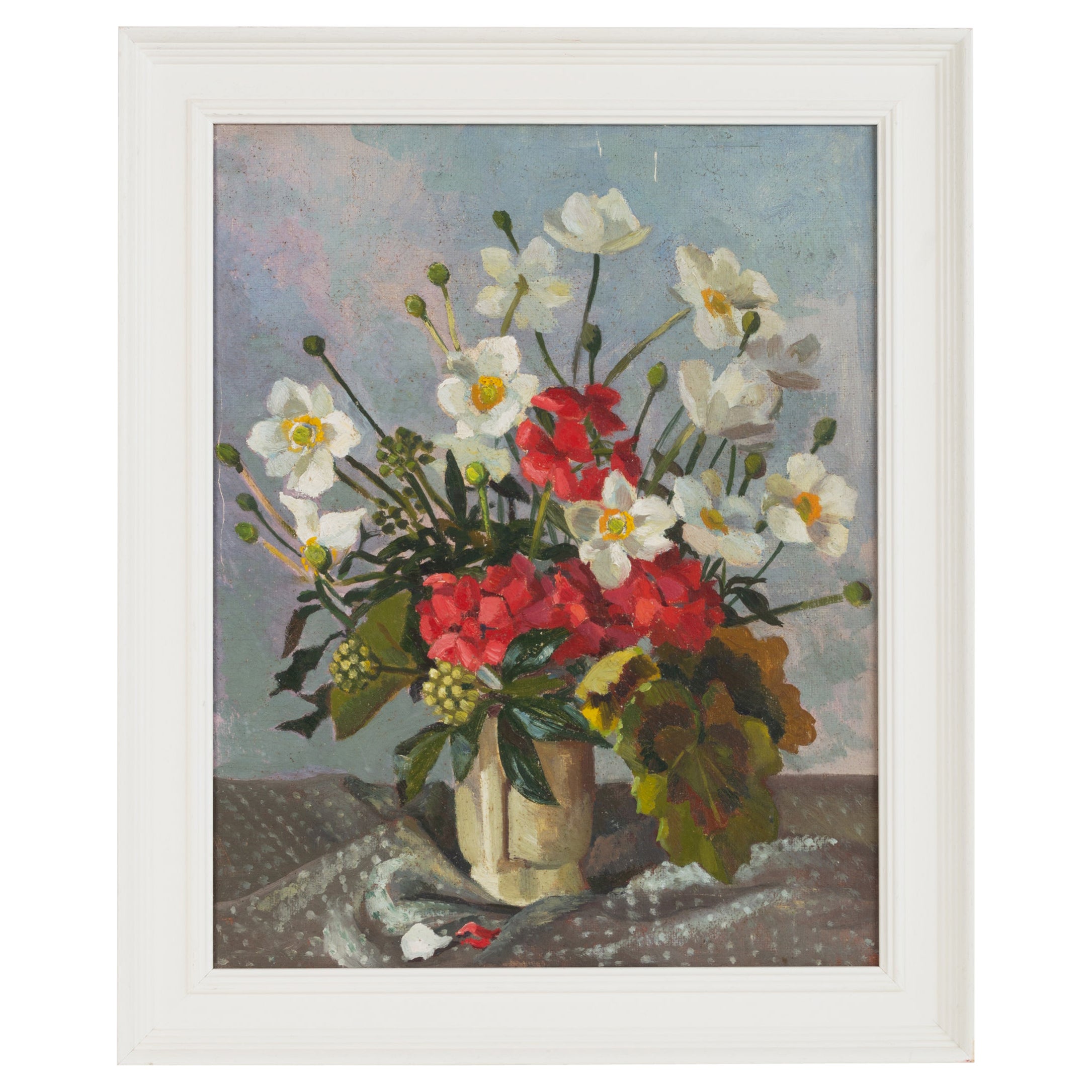 English School 20th Century Still Life Oil on Board Rock Roses and Geraniums For Sale