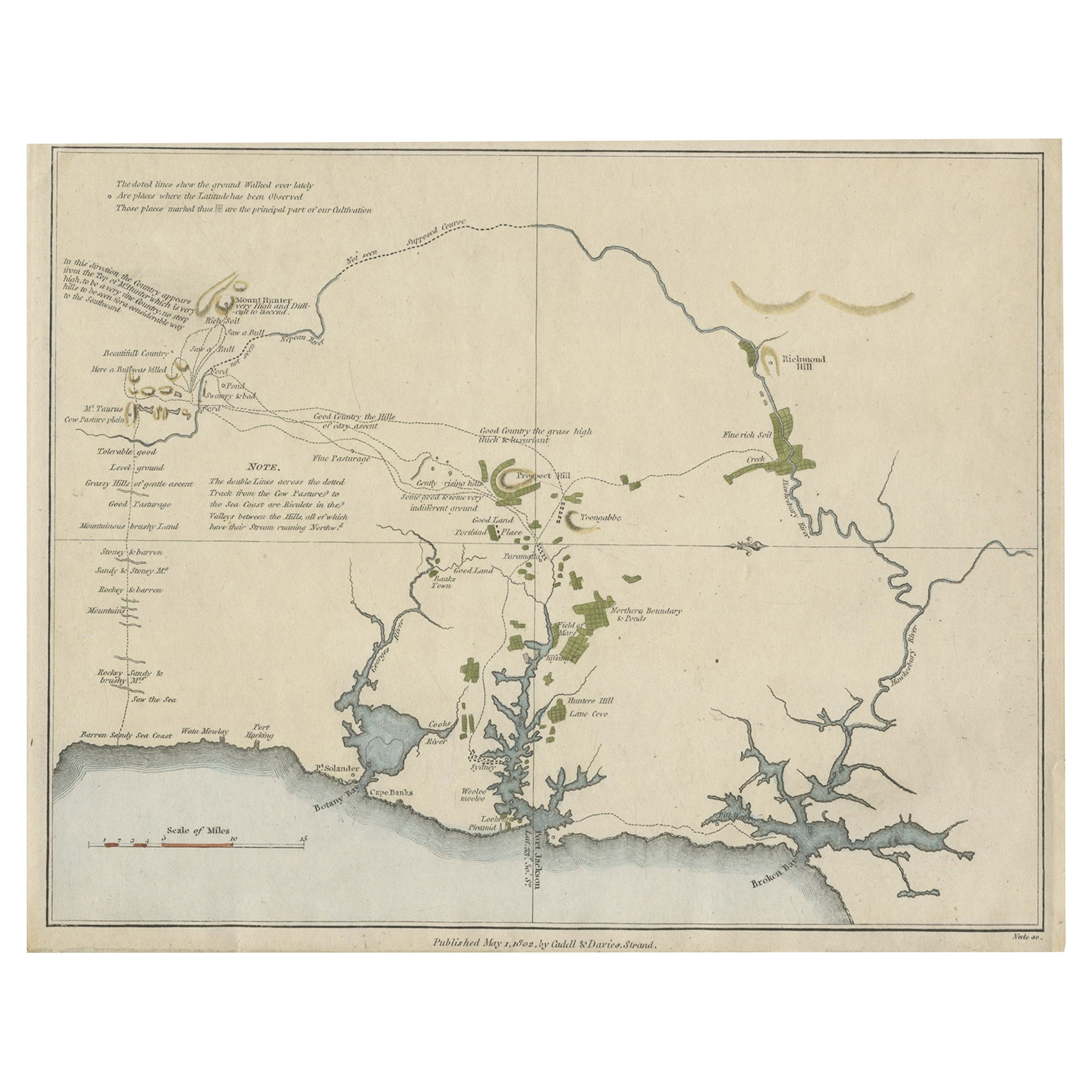 Early Map of Sydney with Botany Bay, Port Jackson & Broken Bay, Australia, 1802 For Sale