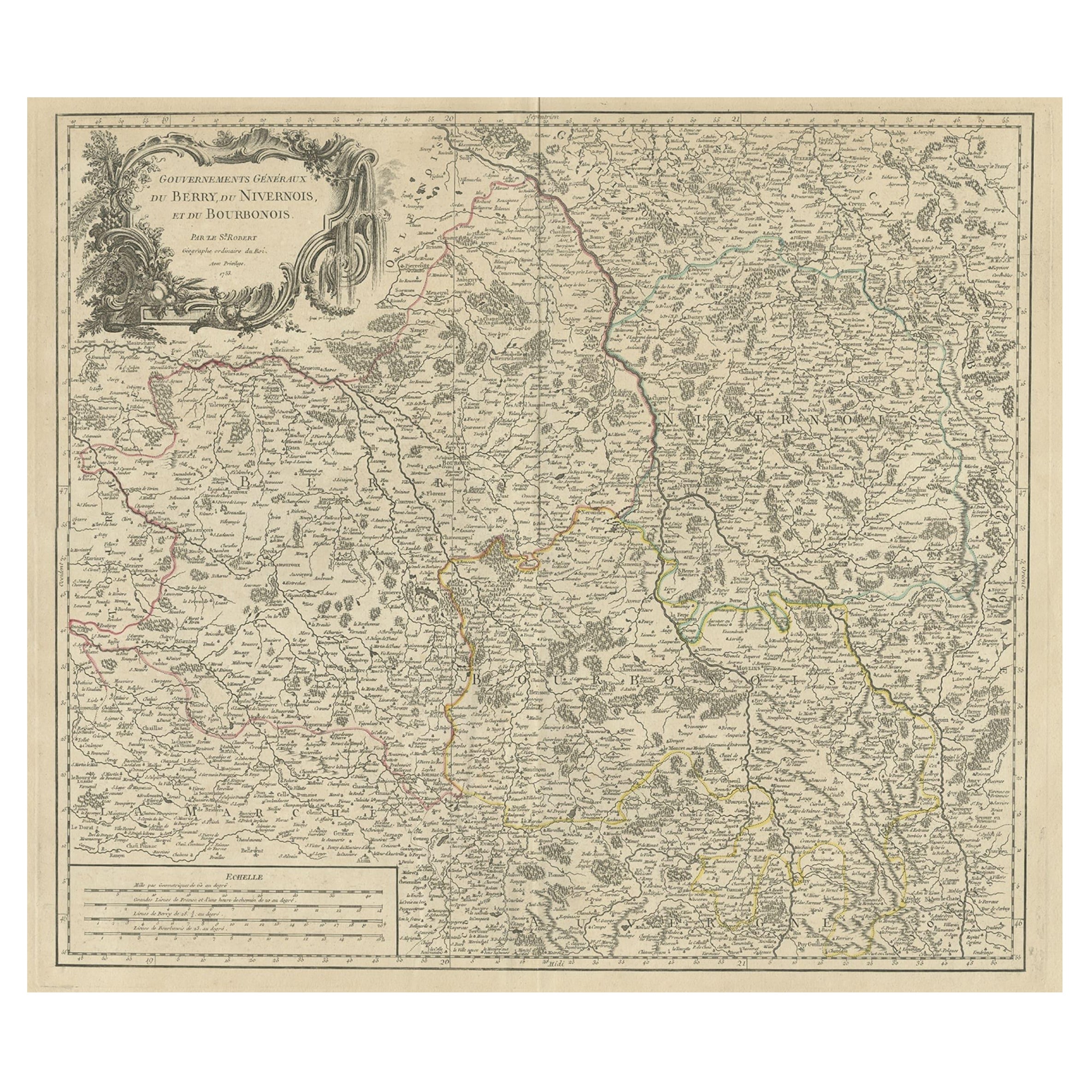 Grande carte ancienne de la région de Berry, Nivernois et Bourbonnais, France, 1753