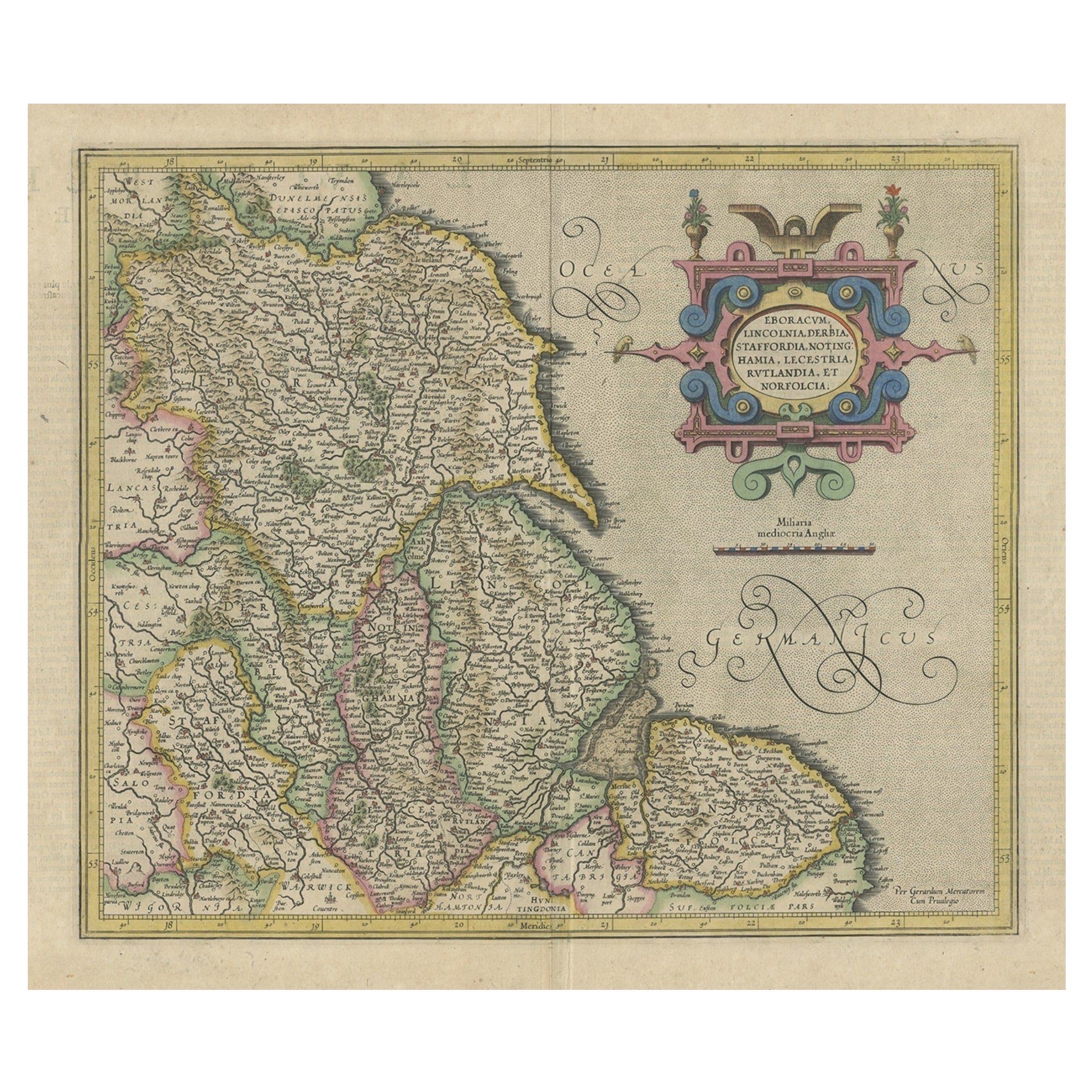 Carte décorative ancienne colorée à la main du nord-est de l'Angleterre, vers 1620