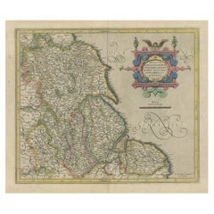 Carte décorative ancienne colorée à la main du nord-est de l'Angleterre, vers 1620