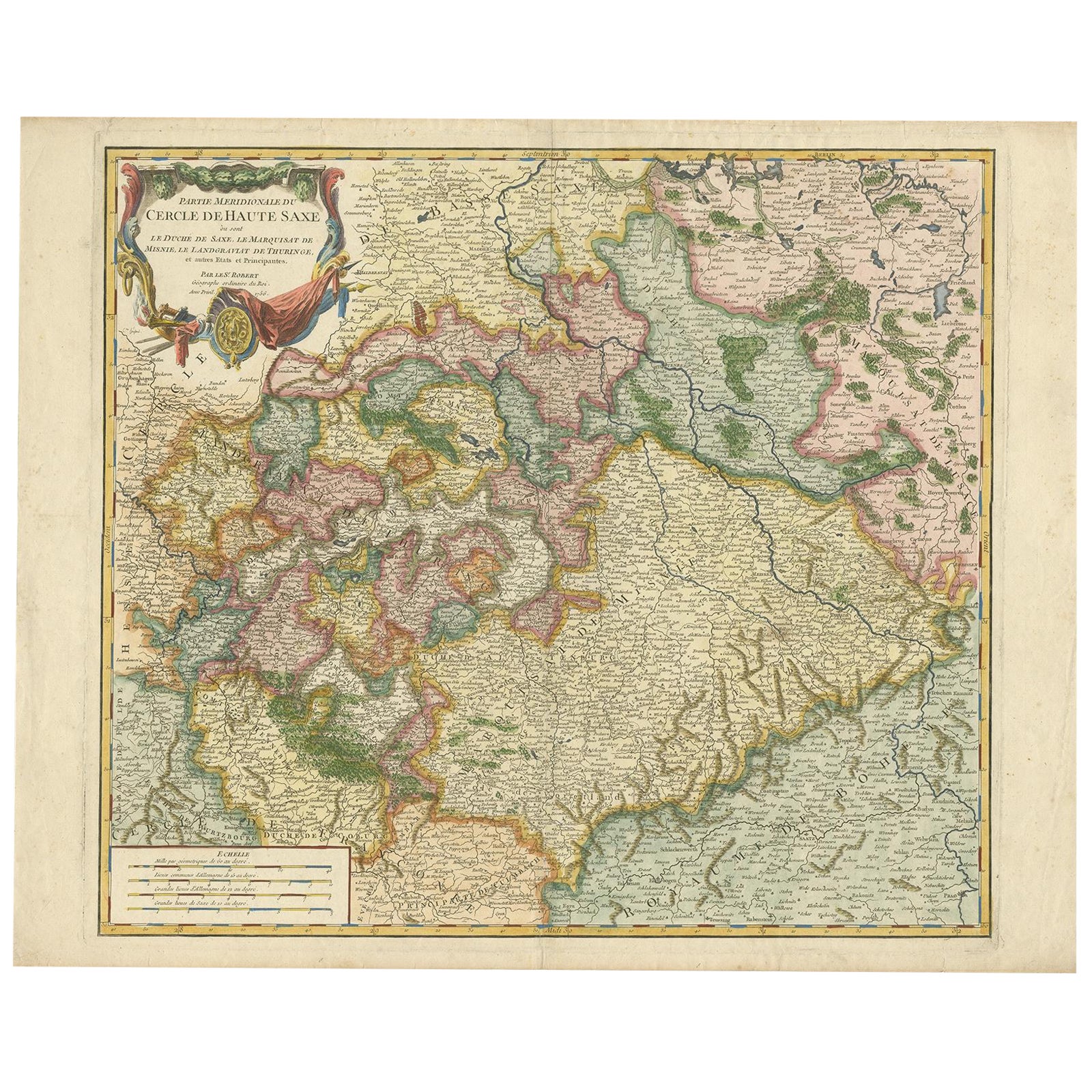 Nicely Colored Original Antique Map of Upper Saxony, Middle Germany, 1756 For Sale