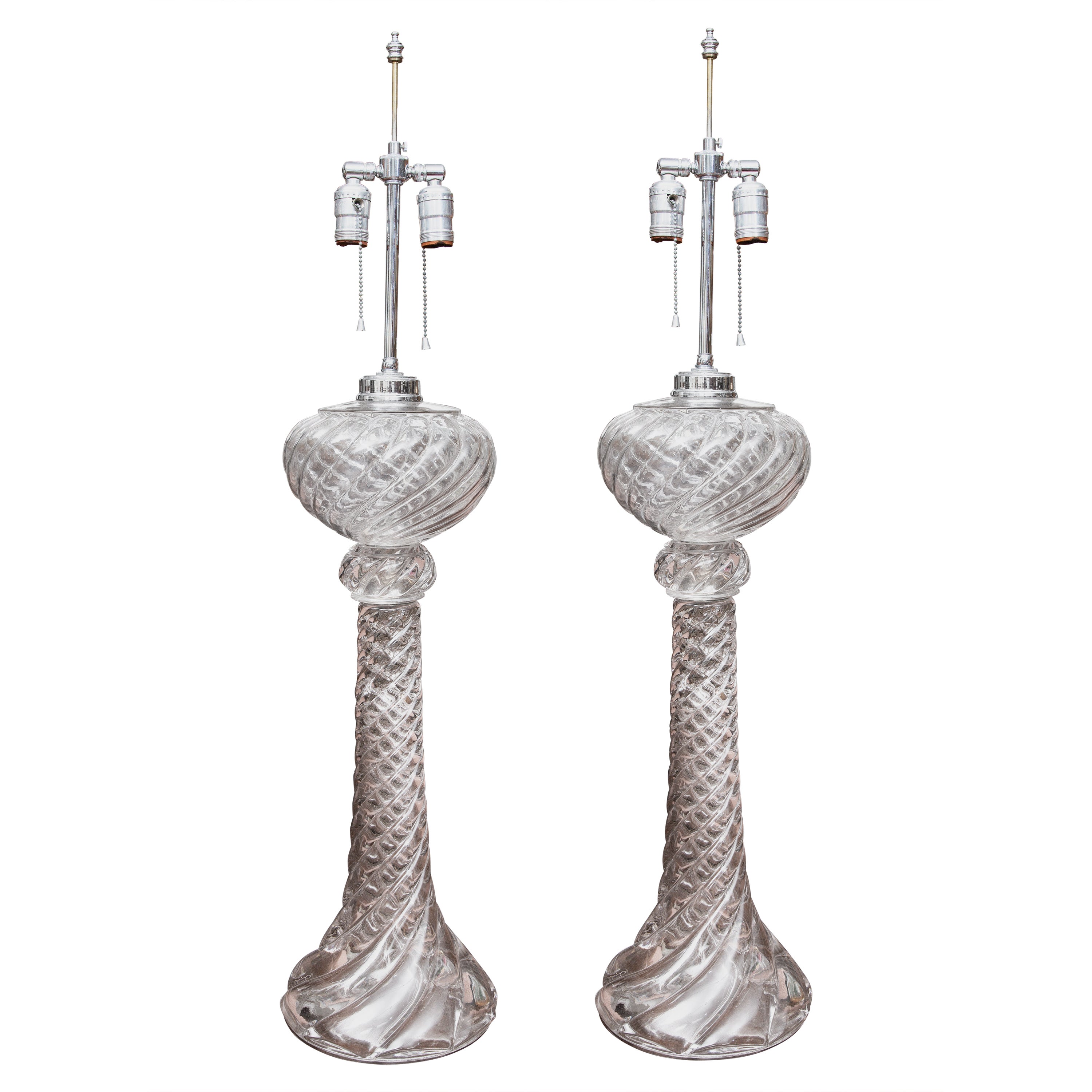 Pair of Baccarat Glass Lamps with a Swirl Design For Sale