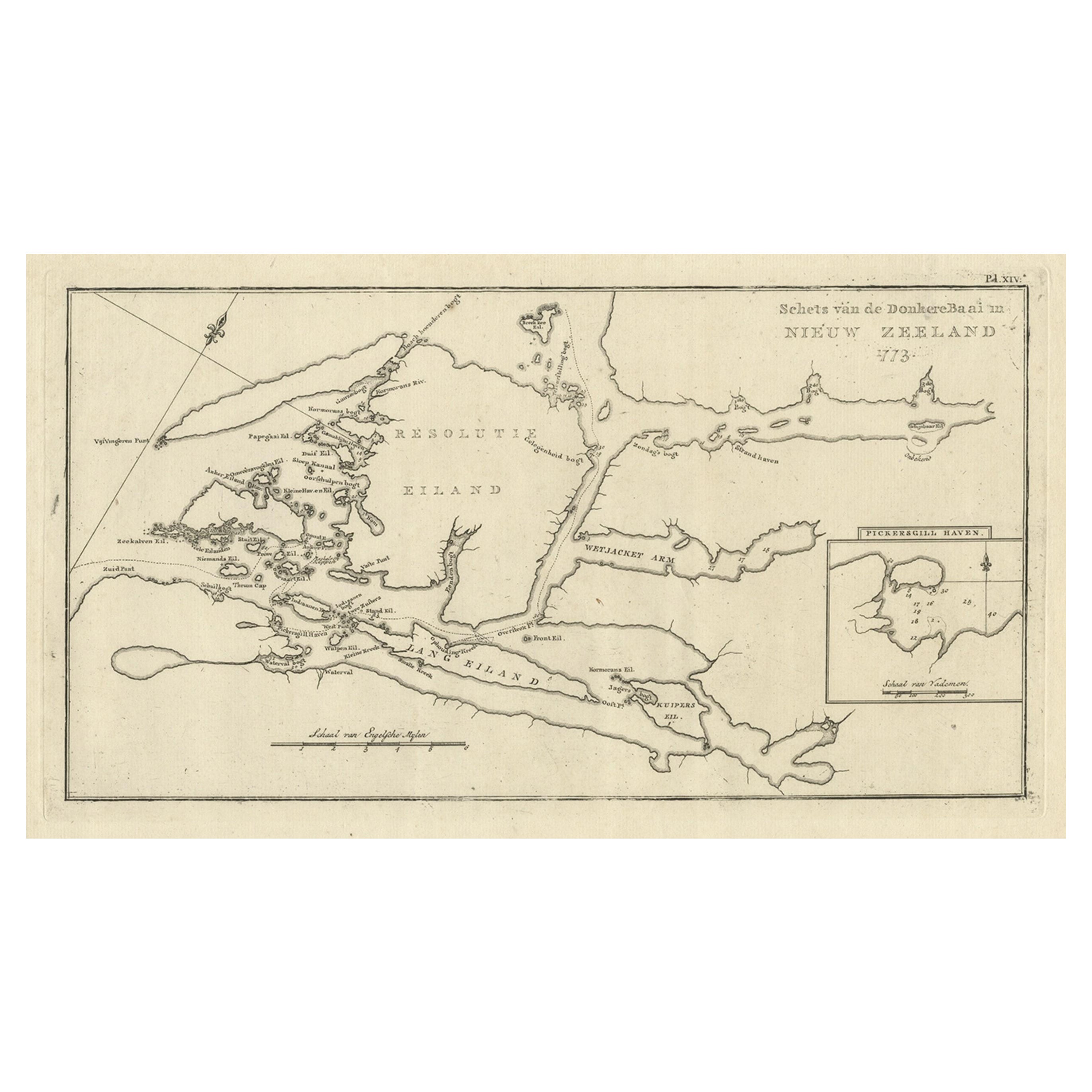 Antike Karte der Dusky Bay oder Dusky Sound von Neuseeland von Kapitän Cook, 1803