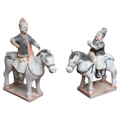 17th Century Pair of Painted Terra Cotta Chinese Gentlemen on Horses