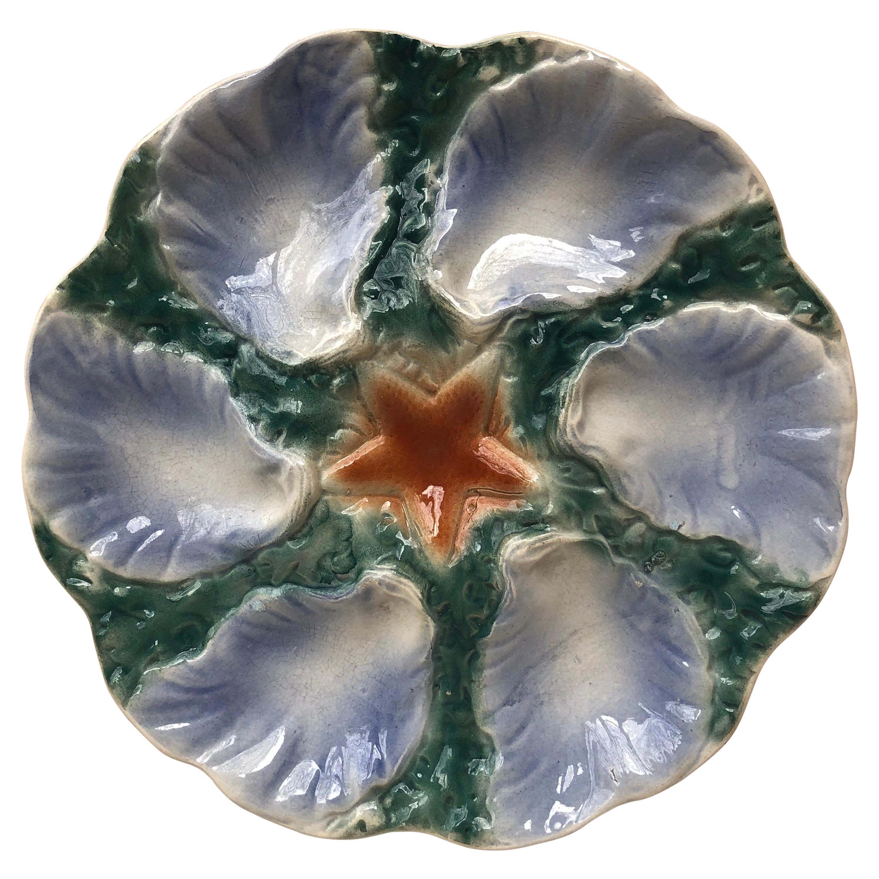 Majolica Oyster Blue Starfish Plate Digoin, circa 1910
