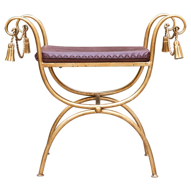 Hollywood Regency Italian Gilt Iron Tassel Chair Piano Stool For Sale