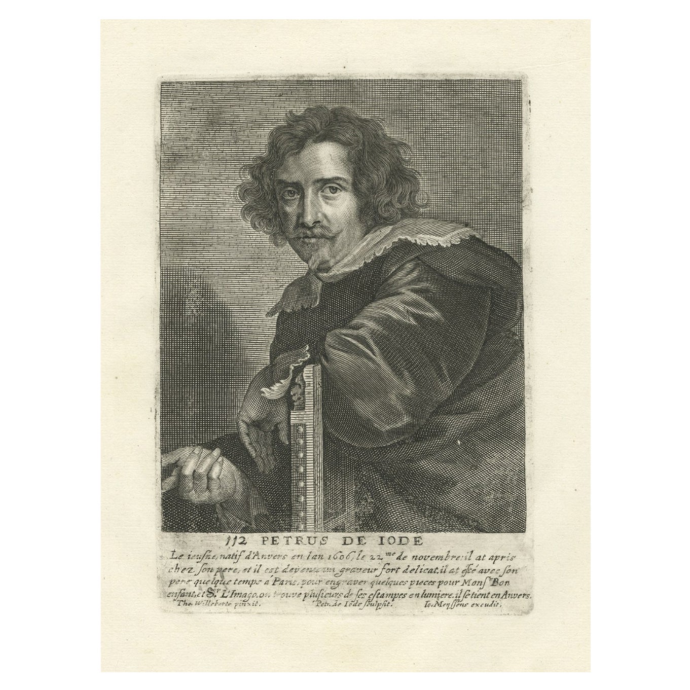 Rare portrait du graveur baroque flamand Pieter de Jode le Jeune, 1694