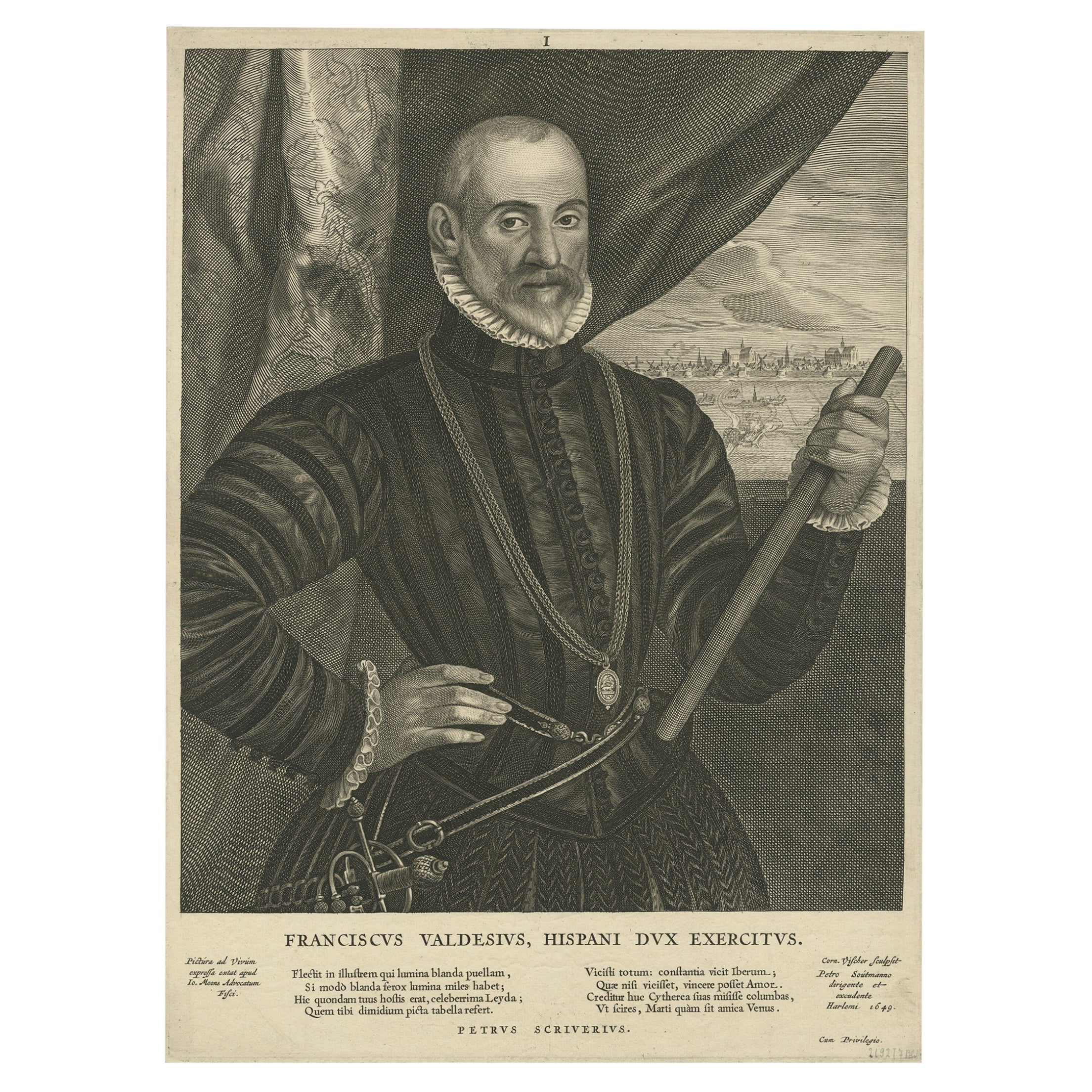 Very Rare Print of Franciscus Valdesius, Commander of the Spanish Troops, 1649 For Sale
