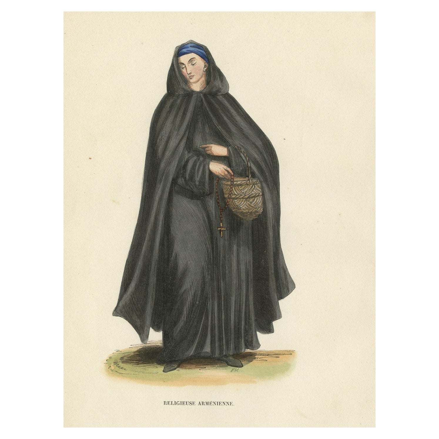 Antique Hand-Colored Print of an Armenian Nun, 1845 For Sale