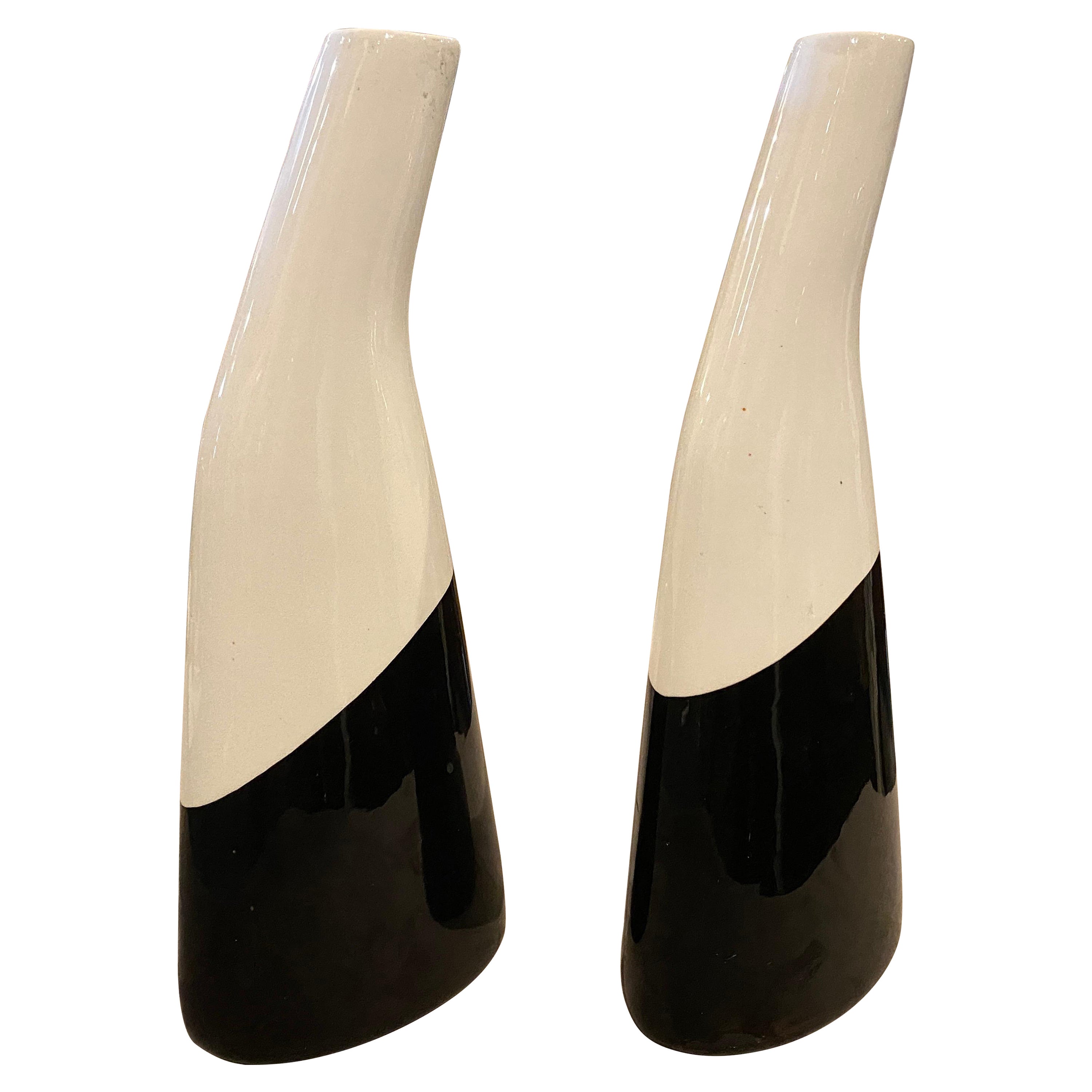 1960s Set of Two Modernist Black and White Italian Ceramic Vases by La Donatella For Sale