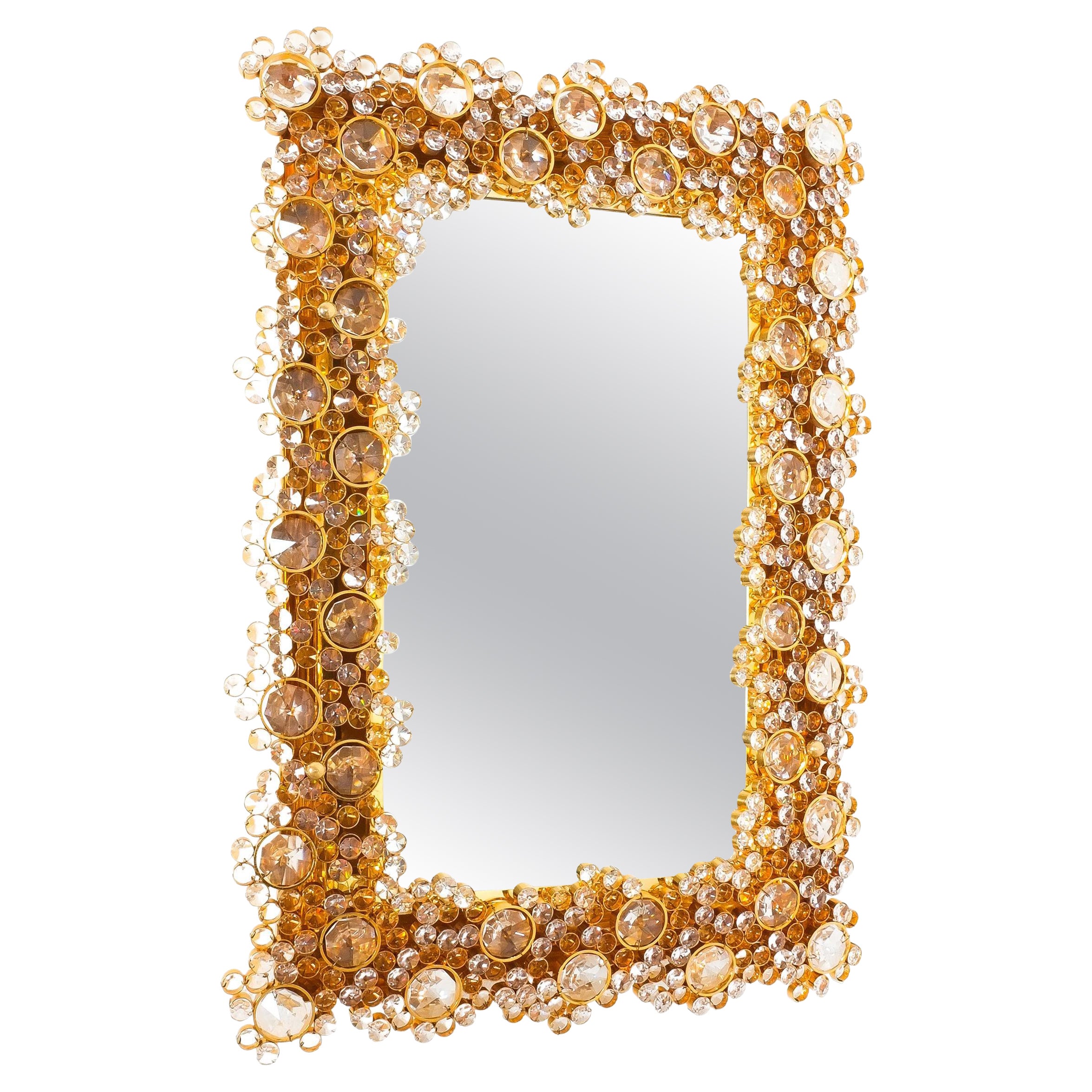 Palwa Gold Brass and Crystal Glass Backlit Wall Mirror, Germany, 1970 For Sale