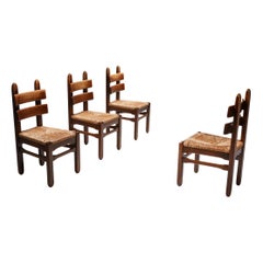 Rustic Modern Oak and Cord Dining Chairs, Small Thrones, Patina, 1930's