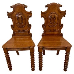 Pair of Antique Victorian Carved Oak Hall Chairs
