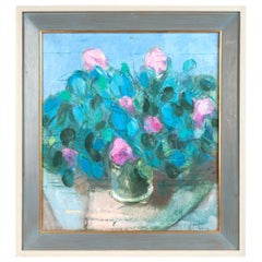 Used English School Impressionist Oil on Board Pink Roses Signed R. Robbins