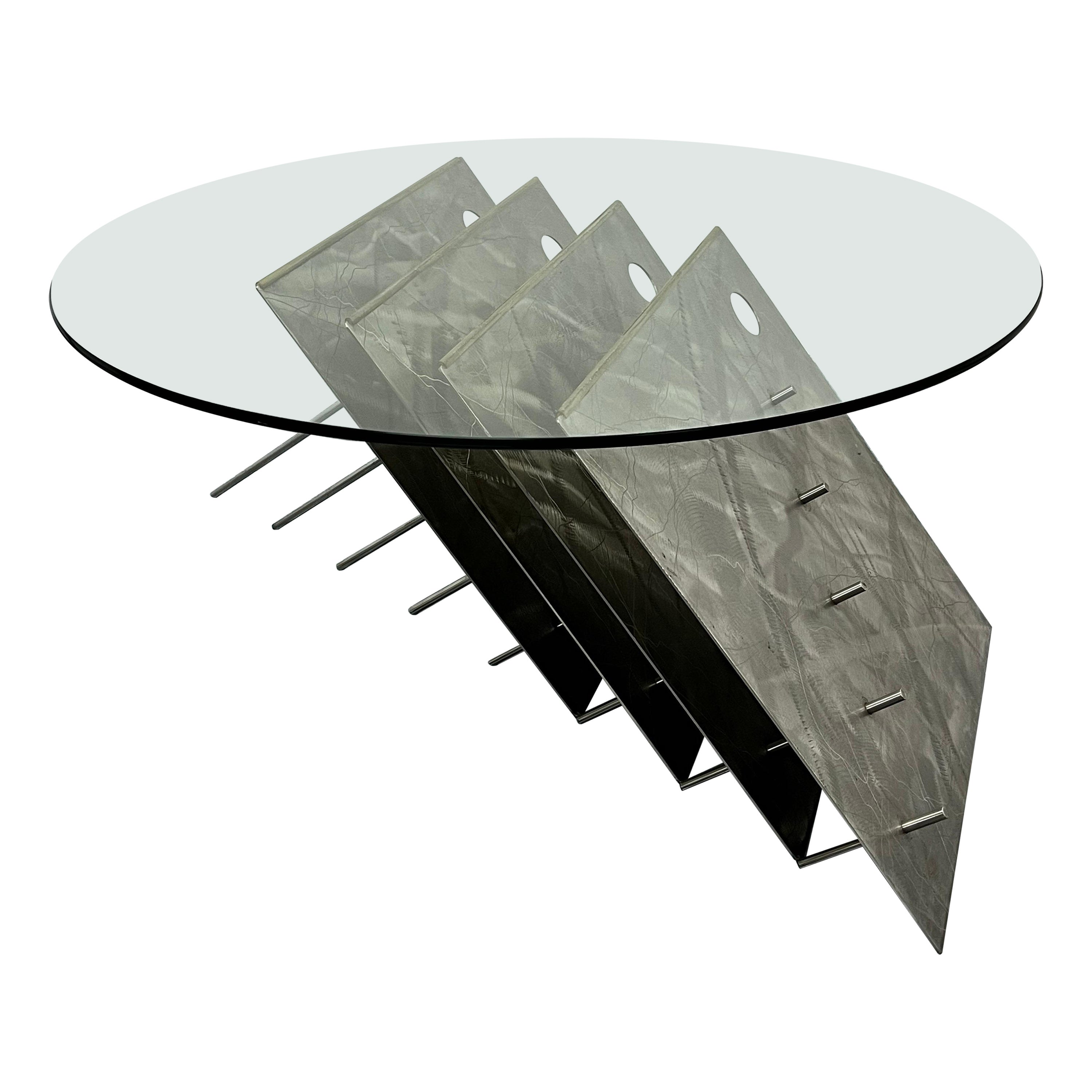 American Contemporary Custom Made Steel and Glass Art Coffee Table, USA 1990s For Sale