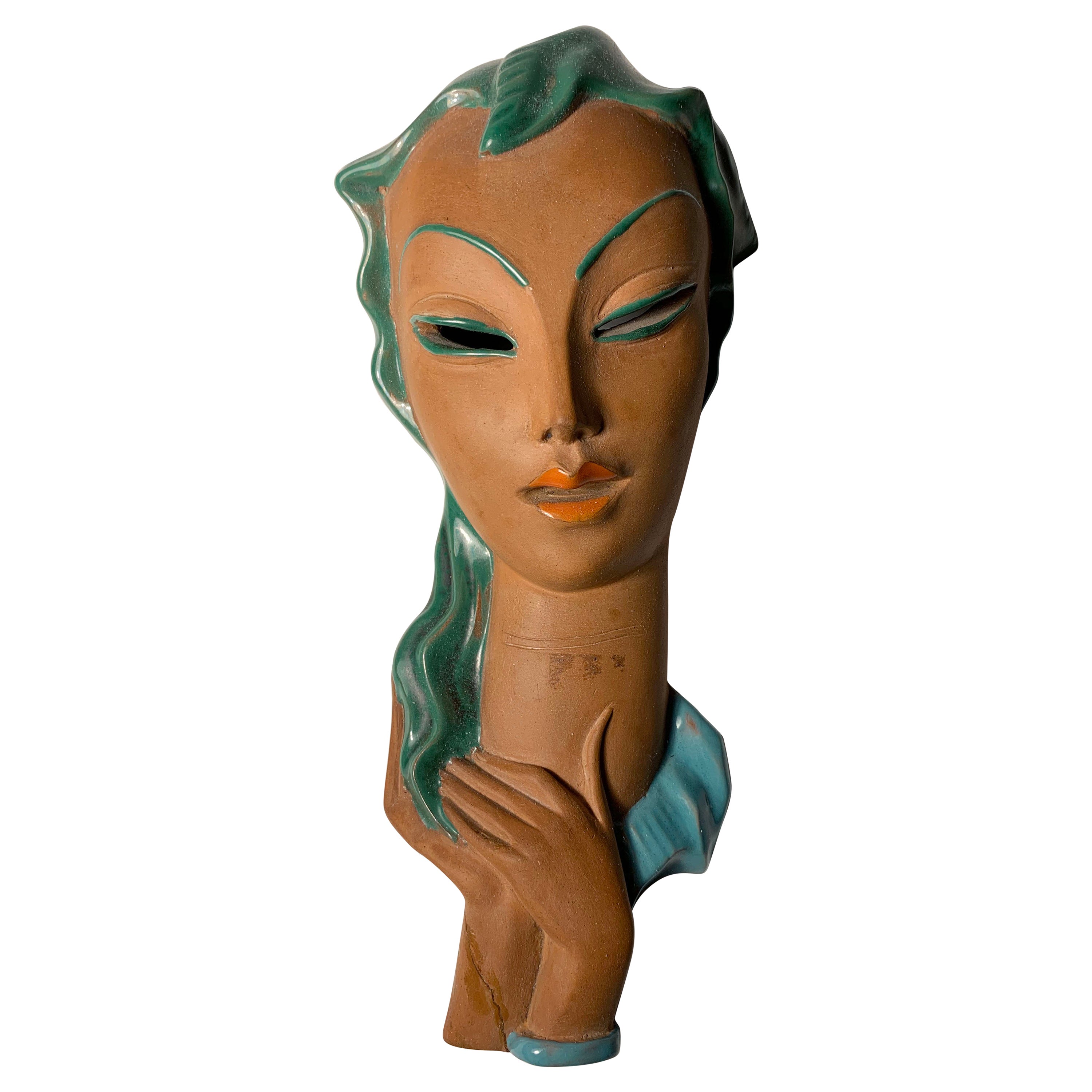 Italian Ceramic Art Deco Hanging Wall Mask manner of Goldsheider For Sale
