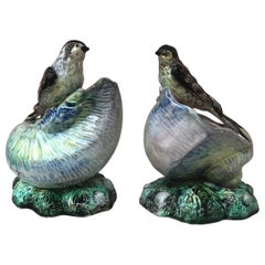 Pair of Majolica Shells with Birds Swallows Jardinieres Circa 1890