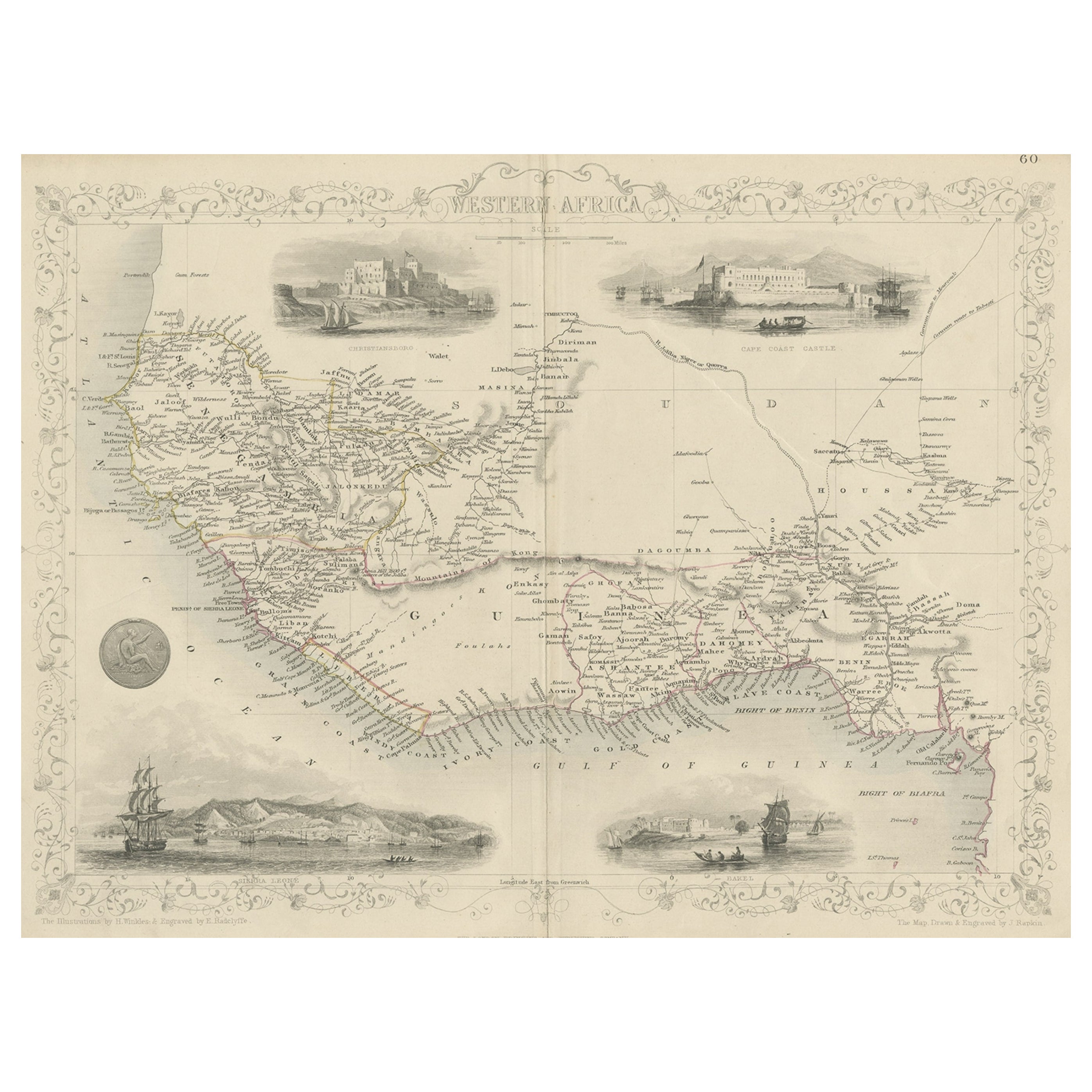 Carte ancienne d'Afrique de l'Ouest avec Vignettes du château de la côte du Cap, etc., vers 1850