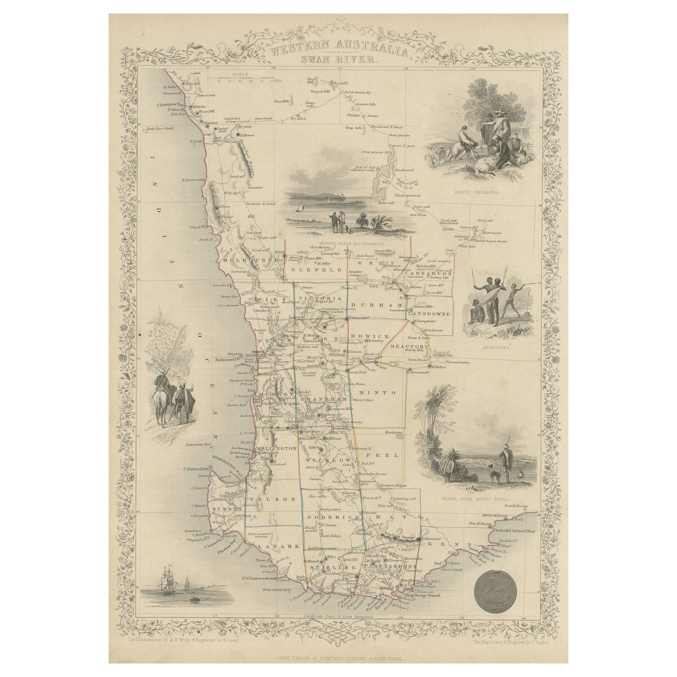 Map of Western Australia & Swan River, insets of Perth, Aboriginals, Sheep, 1851 For Sale