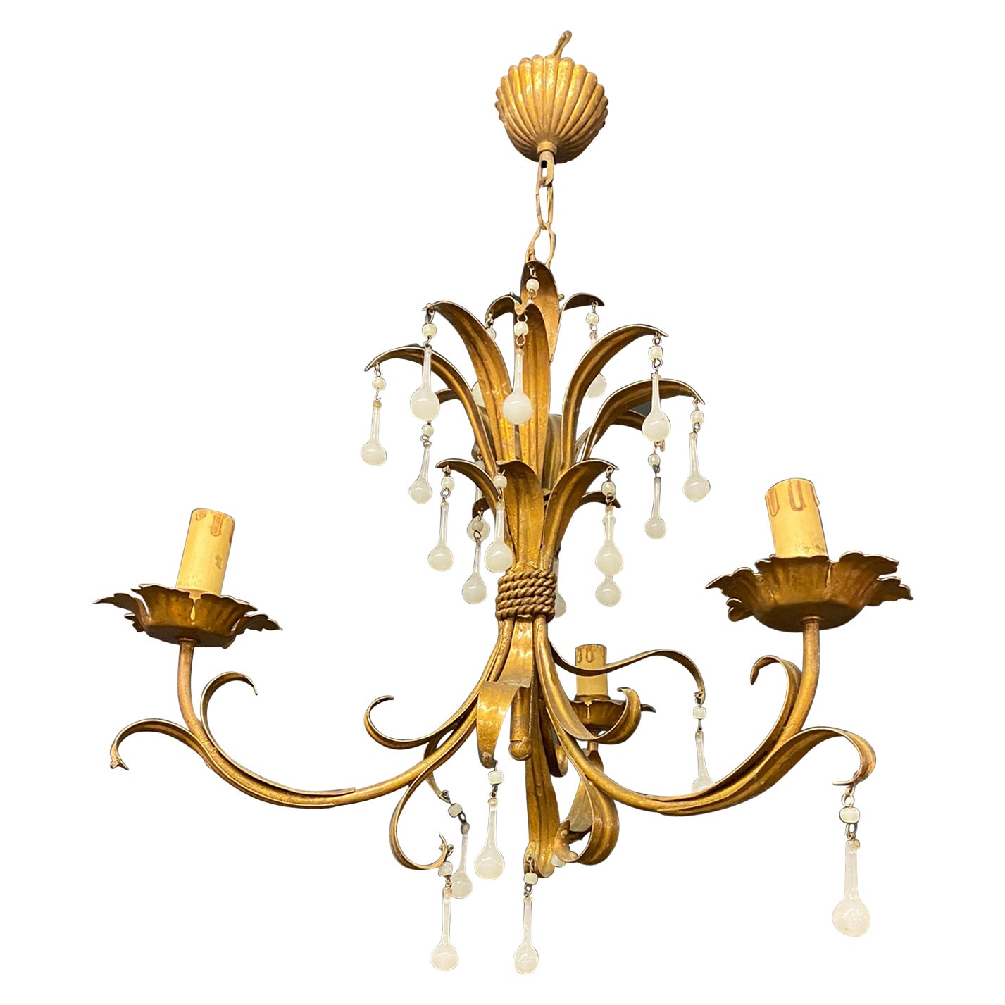 Charming Chandelier in Gilded Iron, Opaline Pendants, circa 1950 For Sale