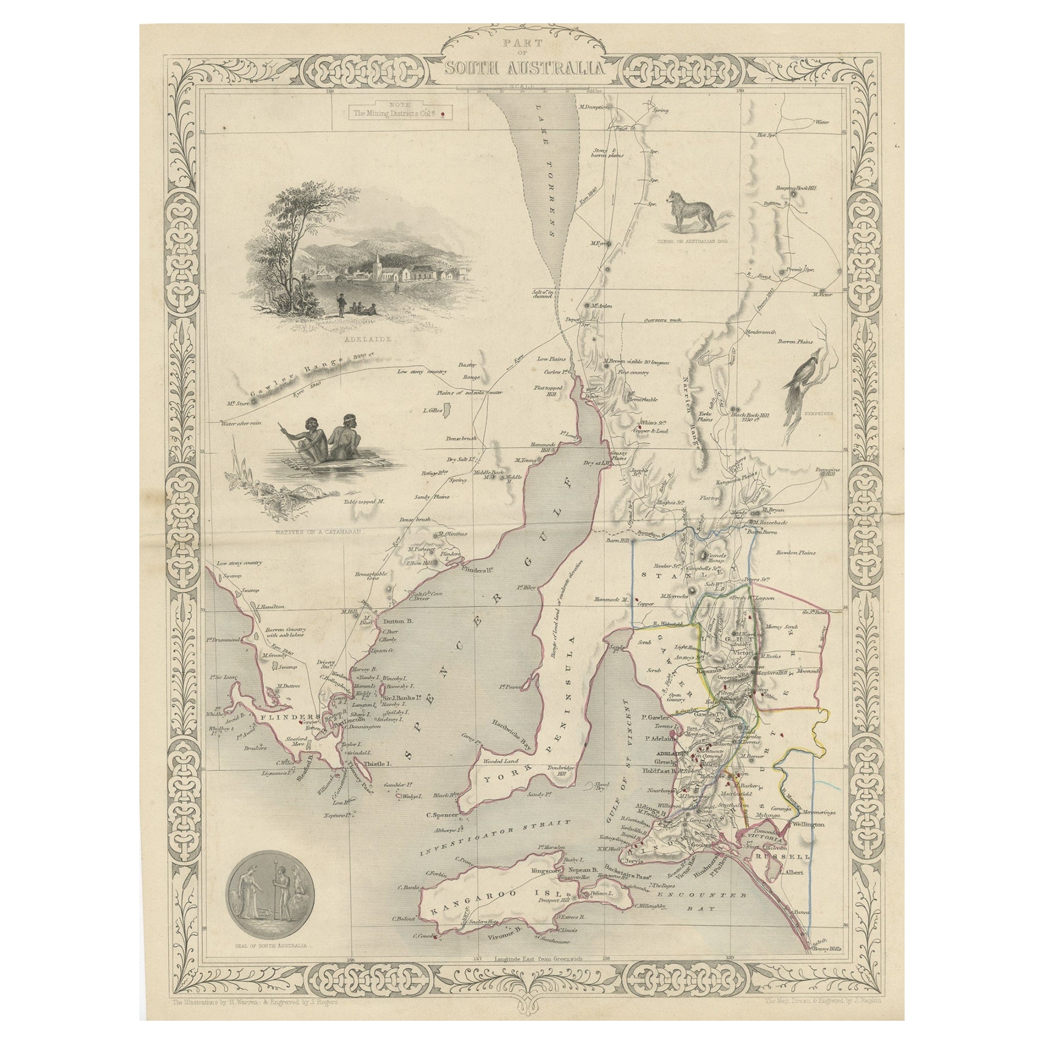 Dekorative Karte eines Teils SüdAustraliens mit Illustrationen von Adelaide, 1851 im Angebot