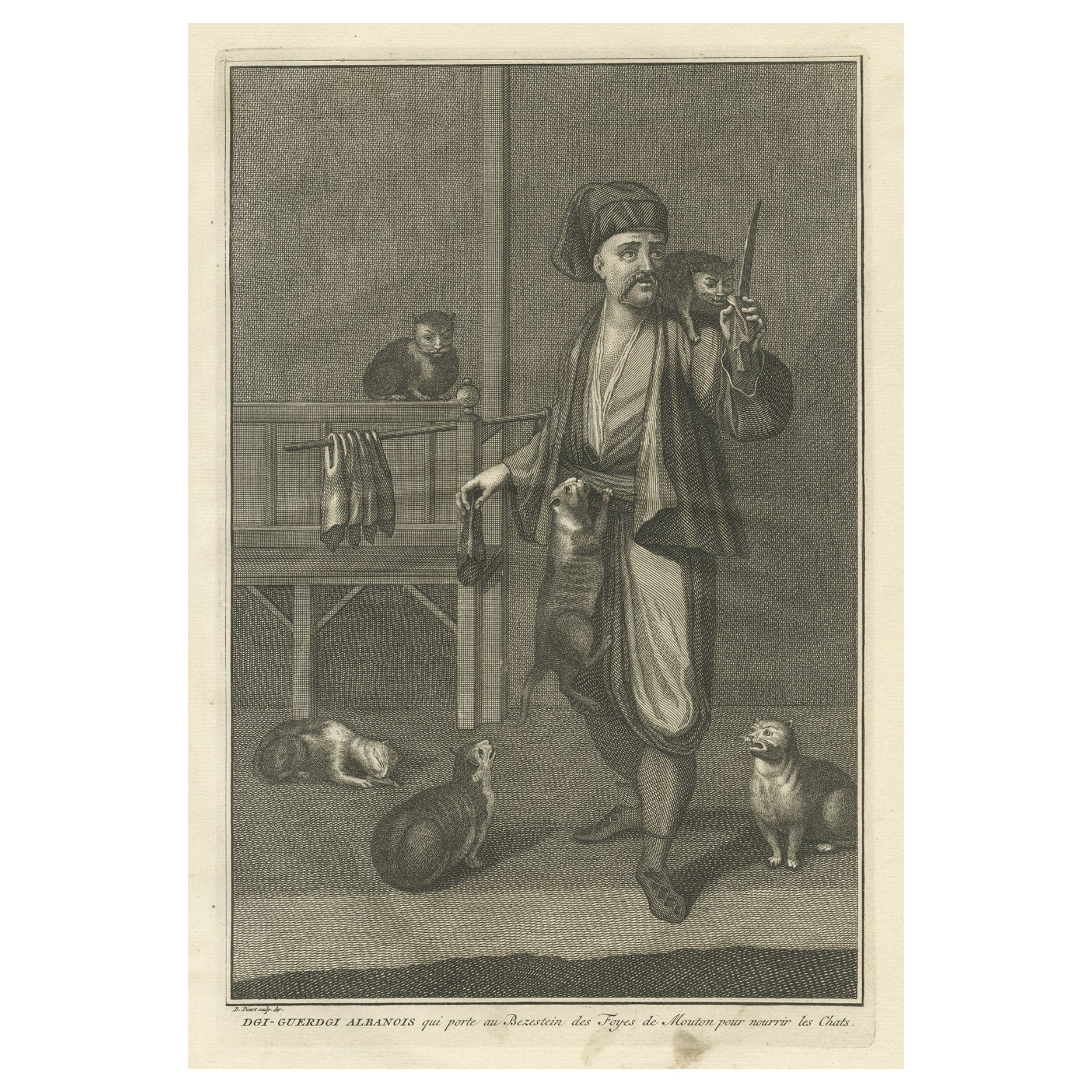Antique Print of the Albanian Dgi-Guerdgi Feeding Sheep Liver to Cats, 1727 For Sale