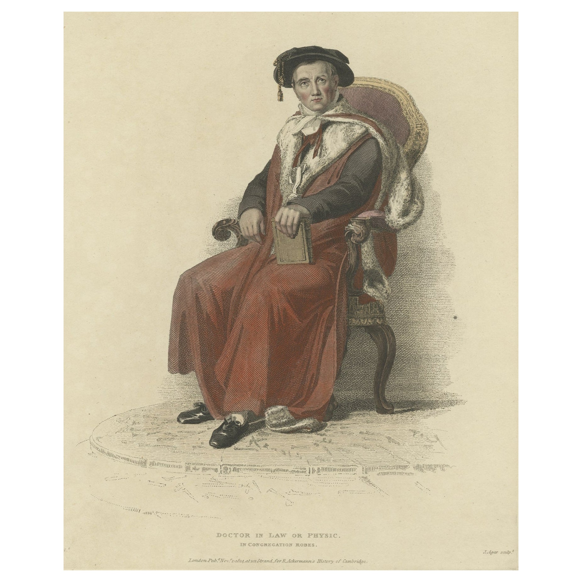 Old Hand-Colored Print of a Doctor in Law or Physic, in Congregation Robes, 1814 For Sale