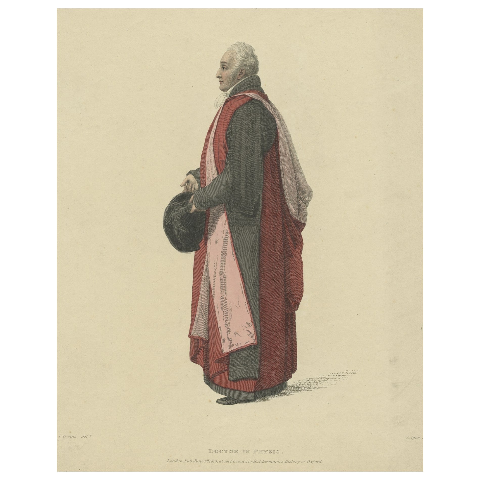 Old Print of Doctor in Physic Sir Christopher Pegge, in Convocation Dress, 1813 For Sale