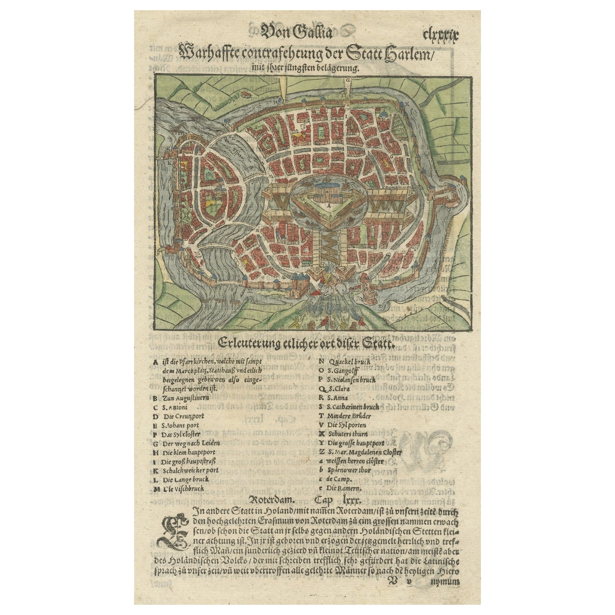 Rare gravure sur bois anciennement colorée à la main de la ville de Haarlem, aux Pays-Bas, vers 1580 en vente