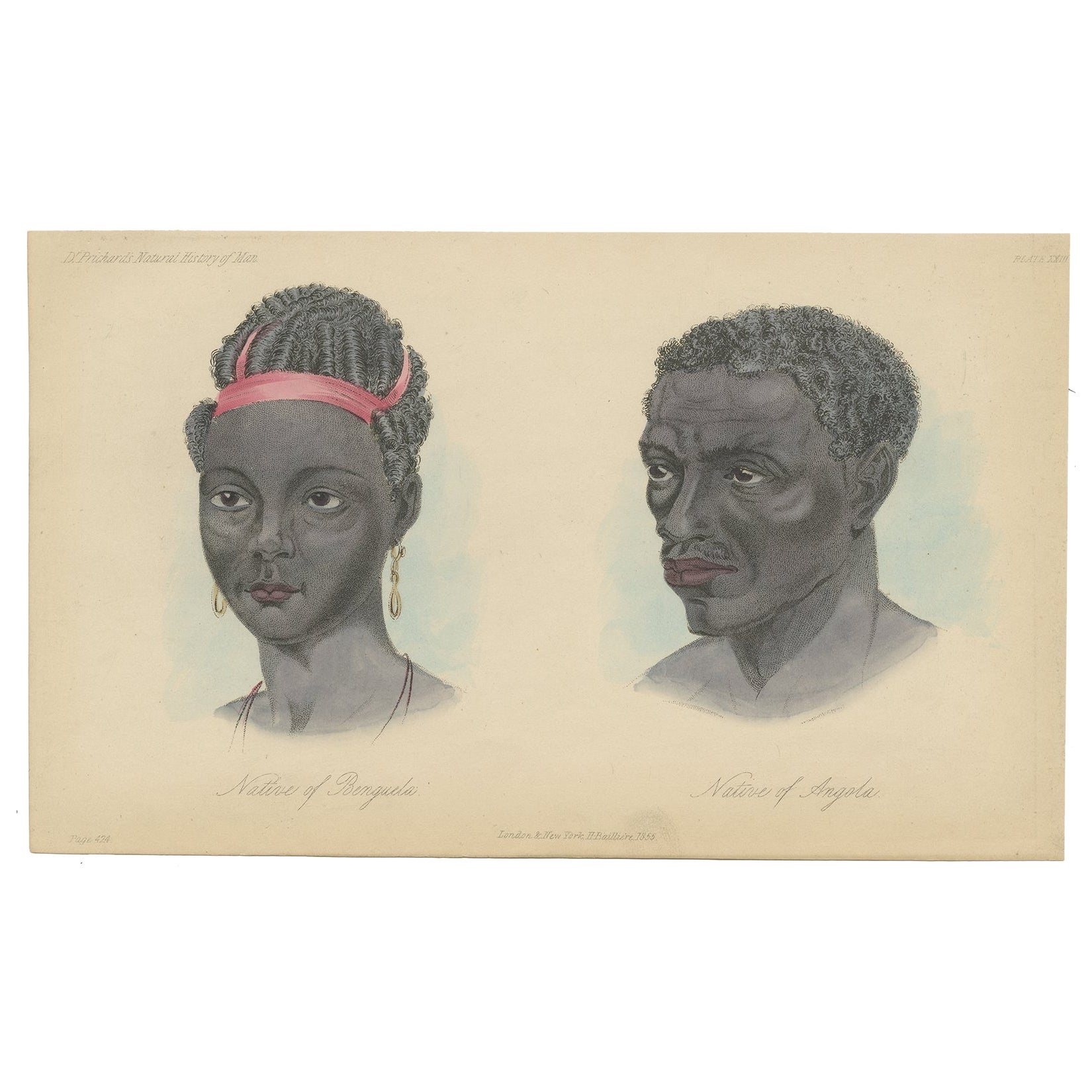 Stampa antica di un nativo della città di Benguela e di un nativo dell'Angola, Africa, 1855