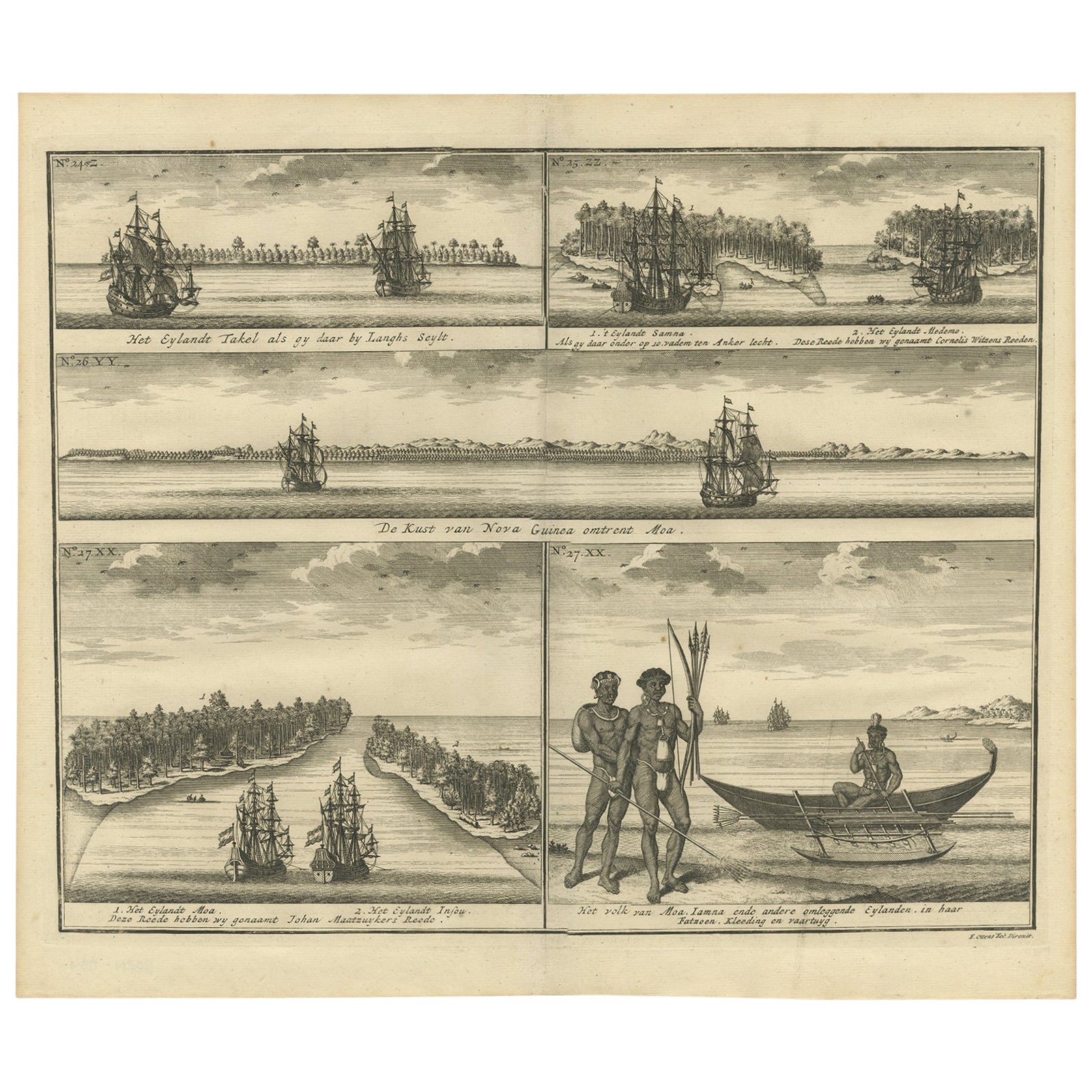 VOC Ships, Native People & Coastal Views of Islands near Papua New Guinea, 1726 For Sale