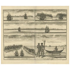 Antique VOC Ships, Native People & Coastal Views of Islands near Papua New Guinea, 1726