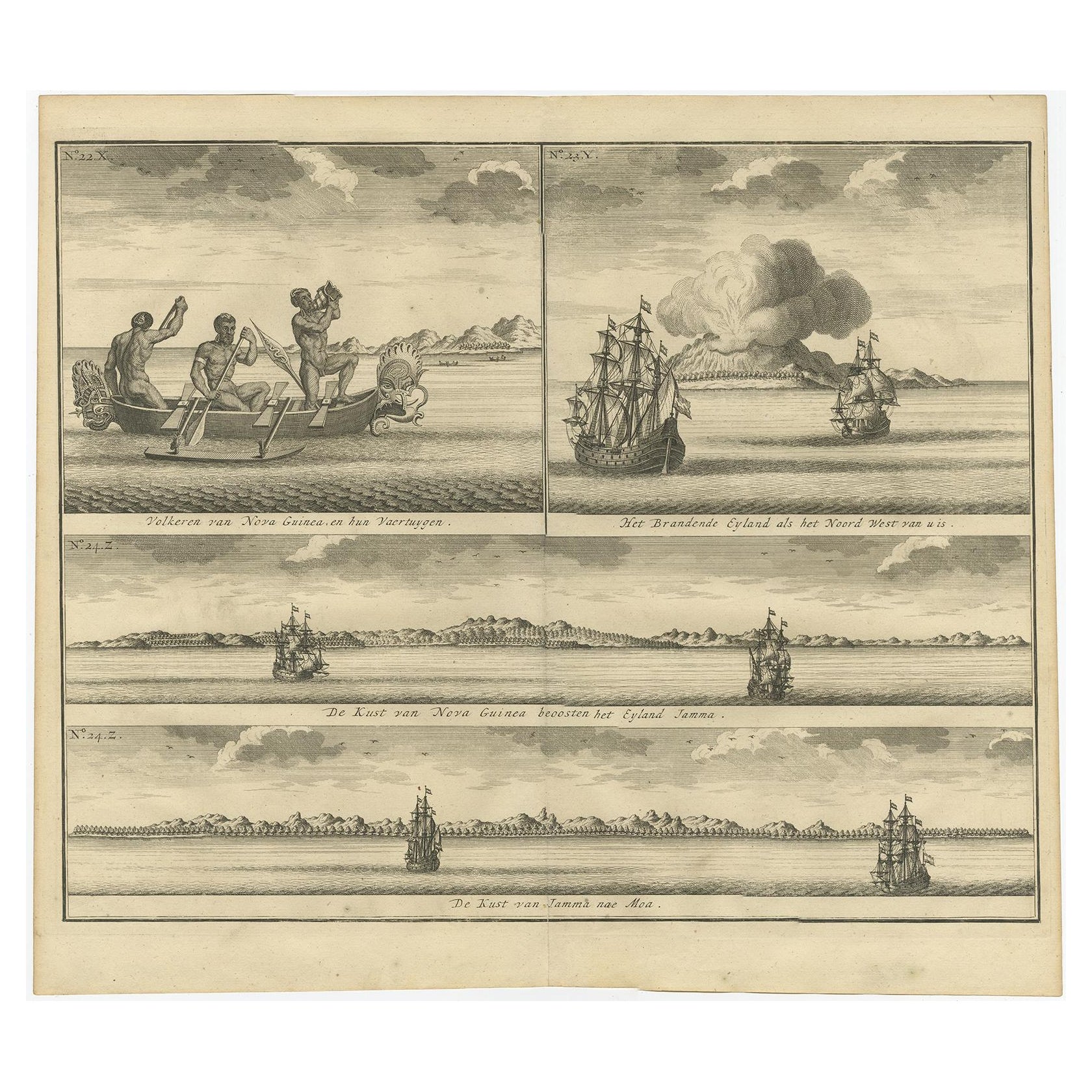 Old Print of VOC Ships & Native Fisherman and Coastal Views of New Guinea, 1726 For Sale