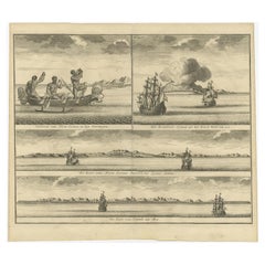 Ancienne estampe de navires VOC et pêcheurs indigènes et vues côtières de la Nouvelle-Guinée, 1726
