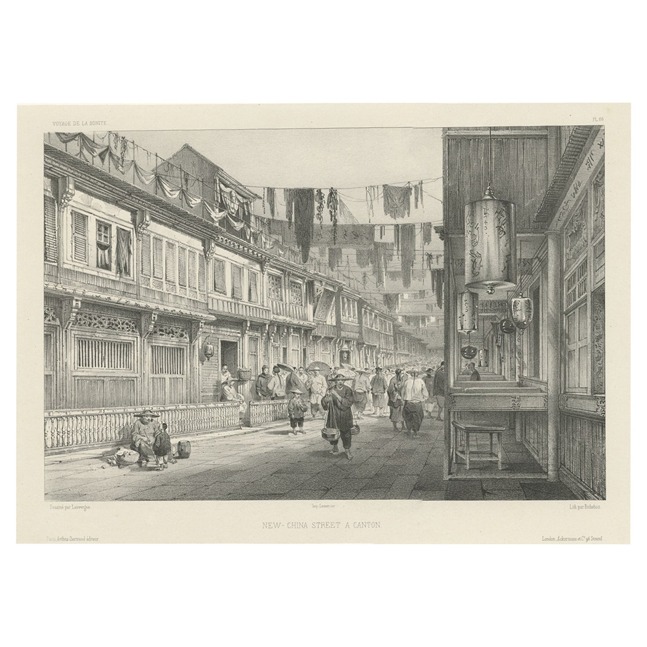 Original Antique Print of a Street in Guangzhou, China, ca.1850 For Sale