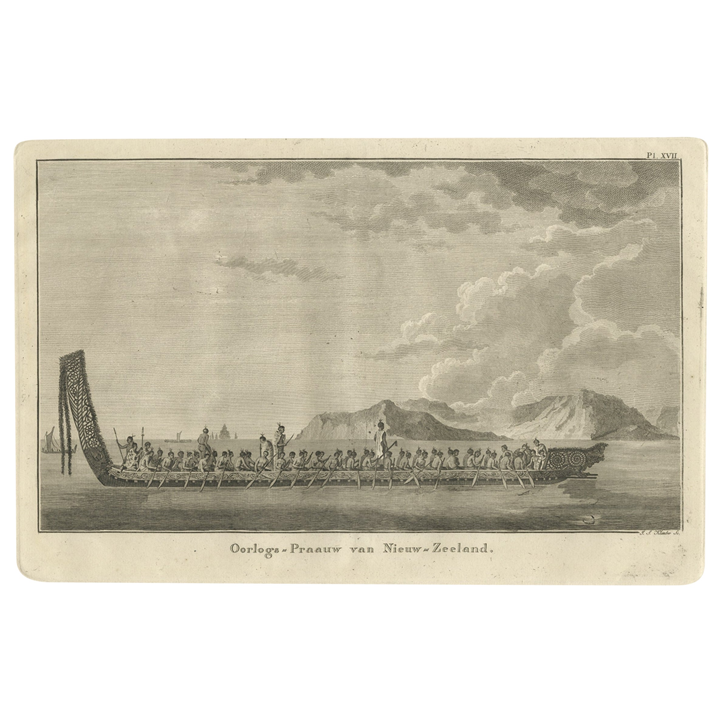 Original Copper Engraving of a Maori War Canoe, New Zealand, 1803