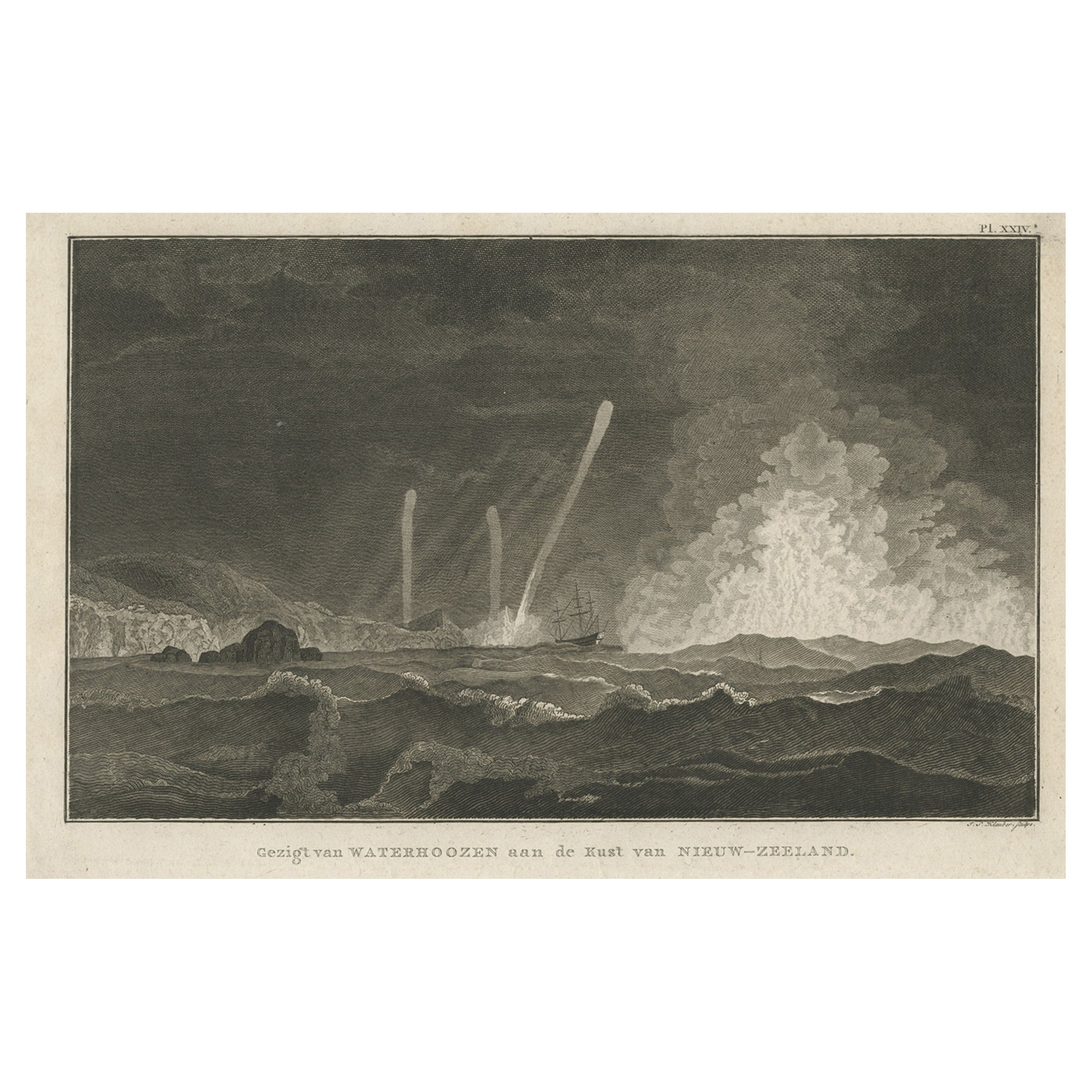 Antiker Druck von drei Wirbelwinden und einem Schiff vor der Küste Neuseelands, 1803 im Angebot