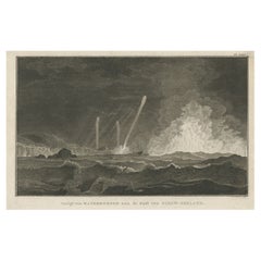 Impression ancienne de trois tourbillons et d'un navire au large de la côte de la Nouvelle-Zélande, 1803